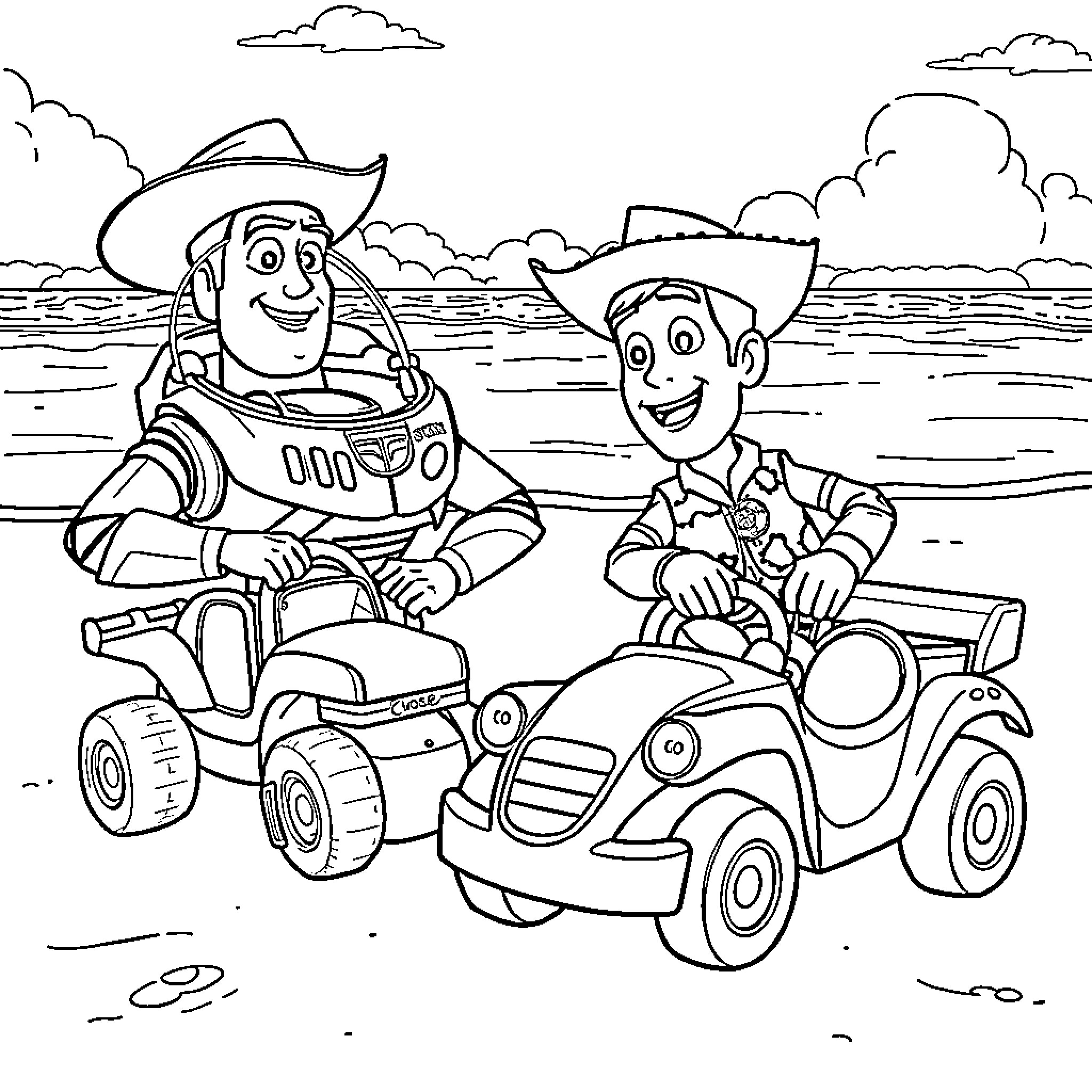 Buzz Lightyear and Woody on their ATV adventure Coloring Page (free black-and-white line drawing printable PDF for all, from beginners to advanced learners, including children, teens, adults, and seniors)