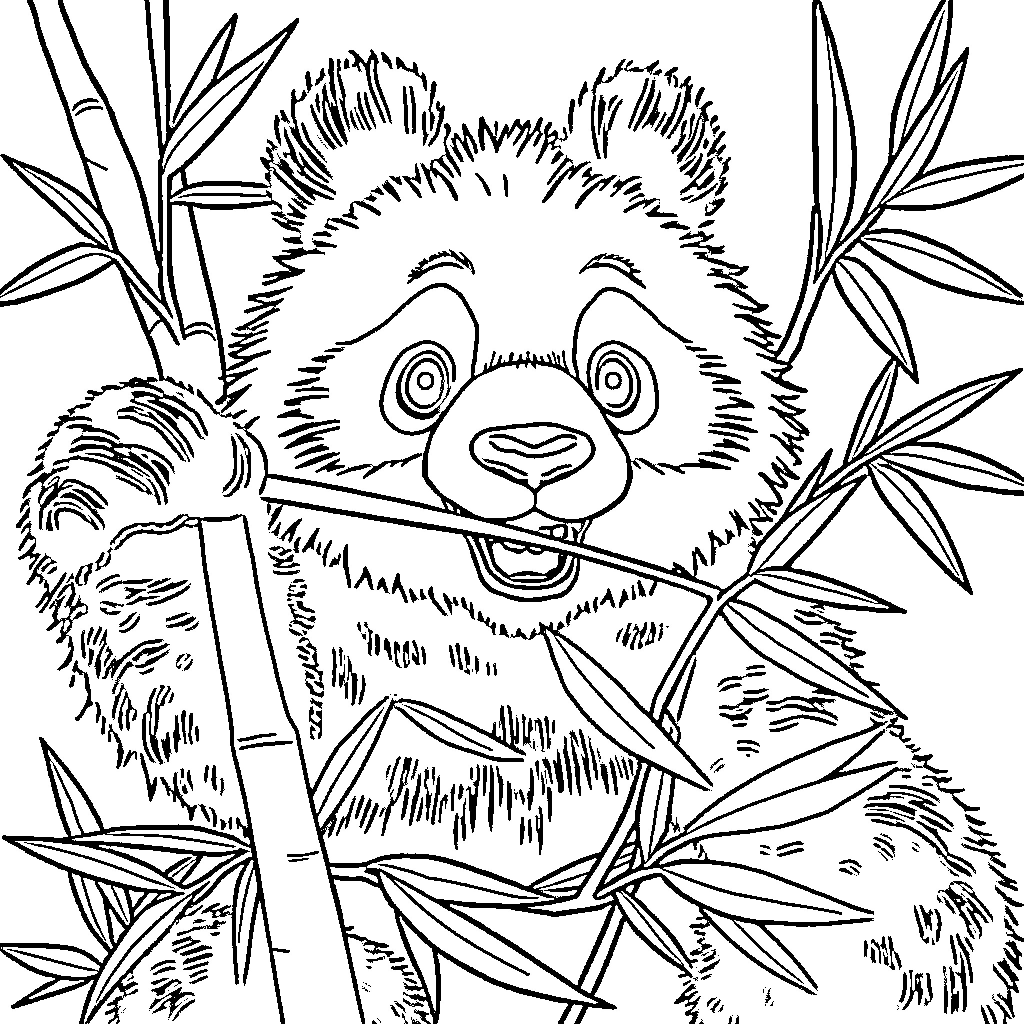 Panda relaxing in bamboo forest Coloring Page (free black-and-white line drawing printable PDF for all, from beginners to advanced learners, including children, teens, adults, and seniors)