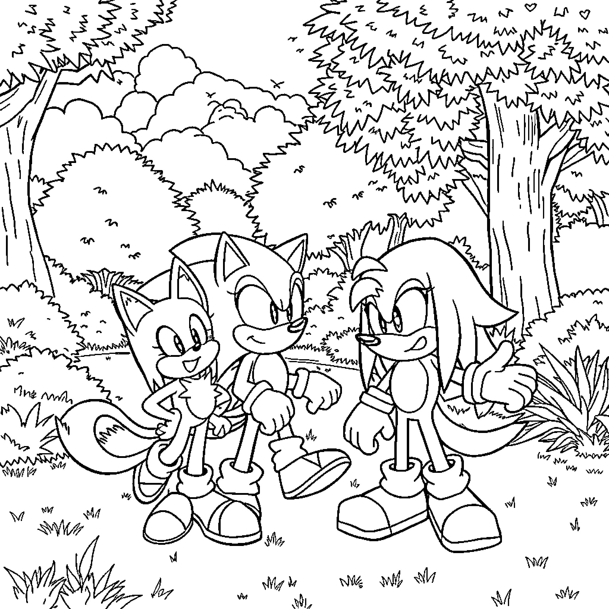 Sonic characters exploring the forest landscape Coloring Page (free black-and-white line drawing printable PDF for all, from beginners to advanced learners, including children, teens, adults, and seniors)