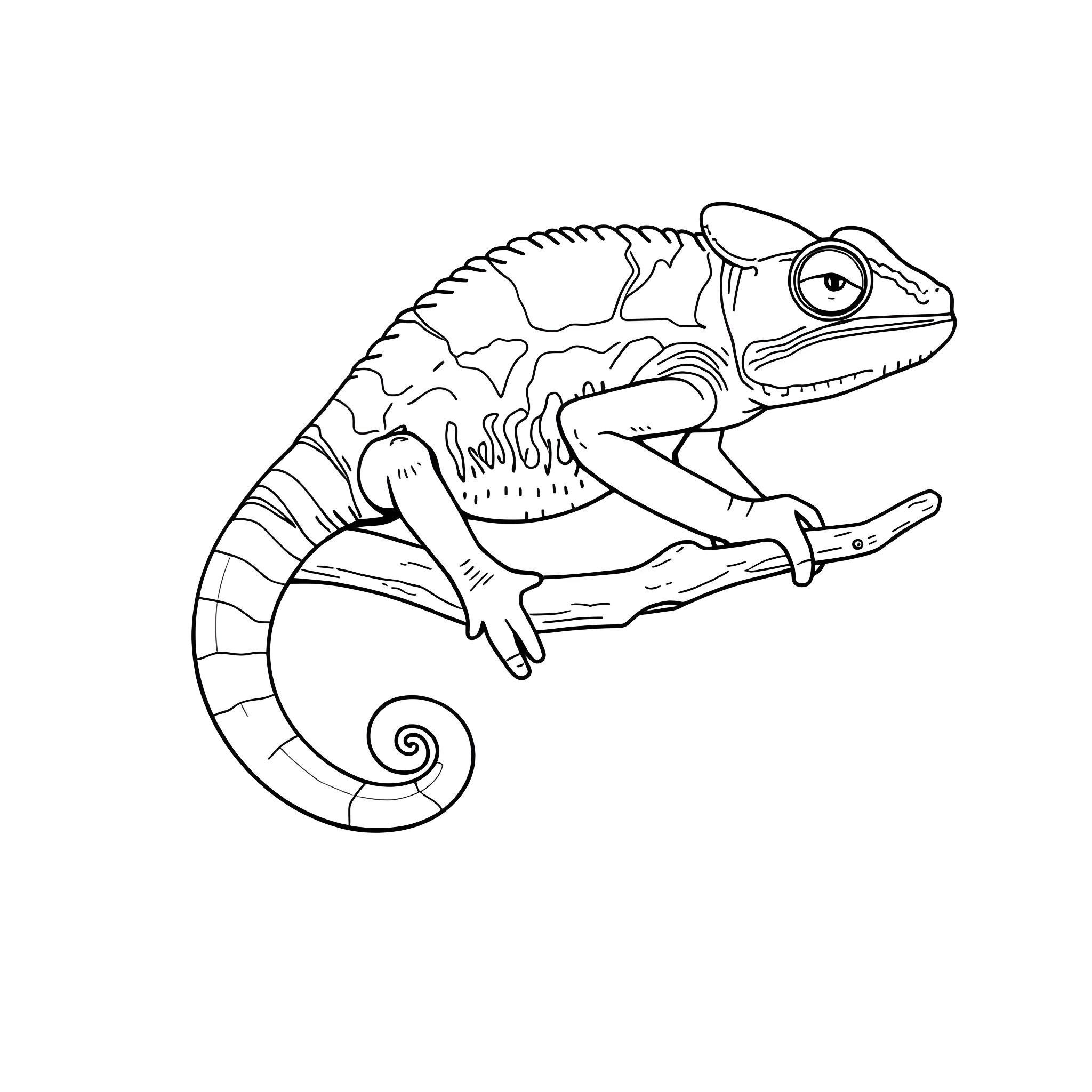 Chameleon Crawling Curiously on a Branch Coloring Page (free black-and-white line drawing printable PDF for all, from beginners to advanced learners, including children, teens, adults, and seniors)