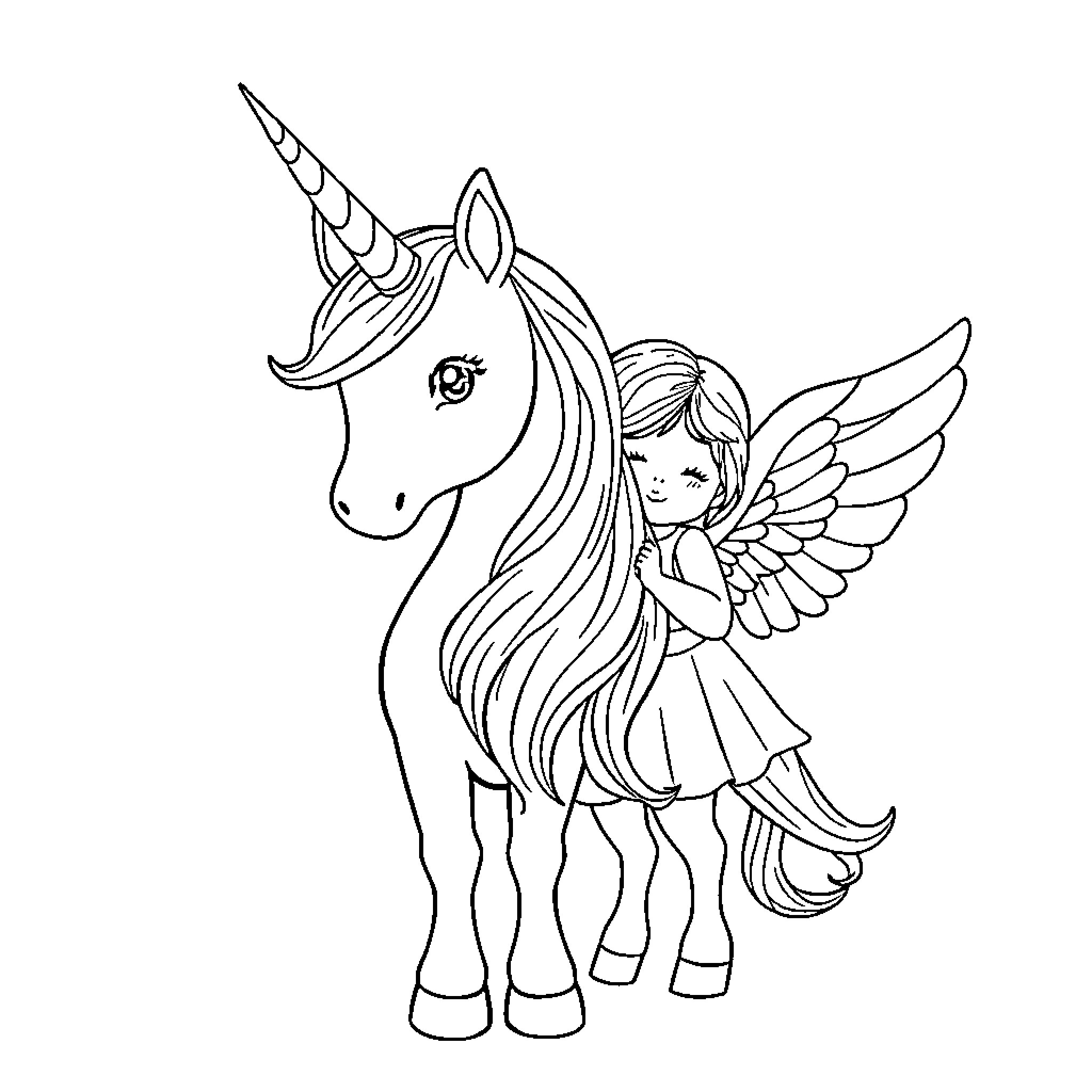 Unicorn and winged girl in a whimsical scene Coloring Page (free black-and-white line drawing printable PDF for all, from beginners to advanced learners, including children, teens, adults, and seniors)