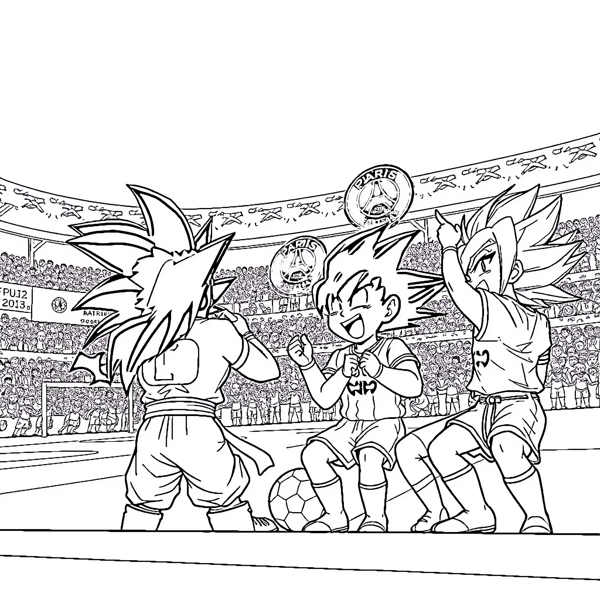 Dragon characters playing soccer in stadium Coloring Page (free black-and-white line drawing printable PDF for all, from beginners to advanced learners, including children, teens, adults, and seniors)