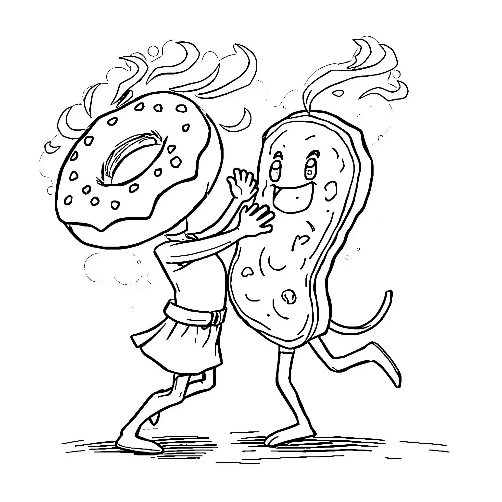Donut characters dancing and celebrating Coloring Page (free black-and-white line drawing printable PDF for all, from beginners to advanced learners, including children, teens, adults, and seniors)