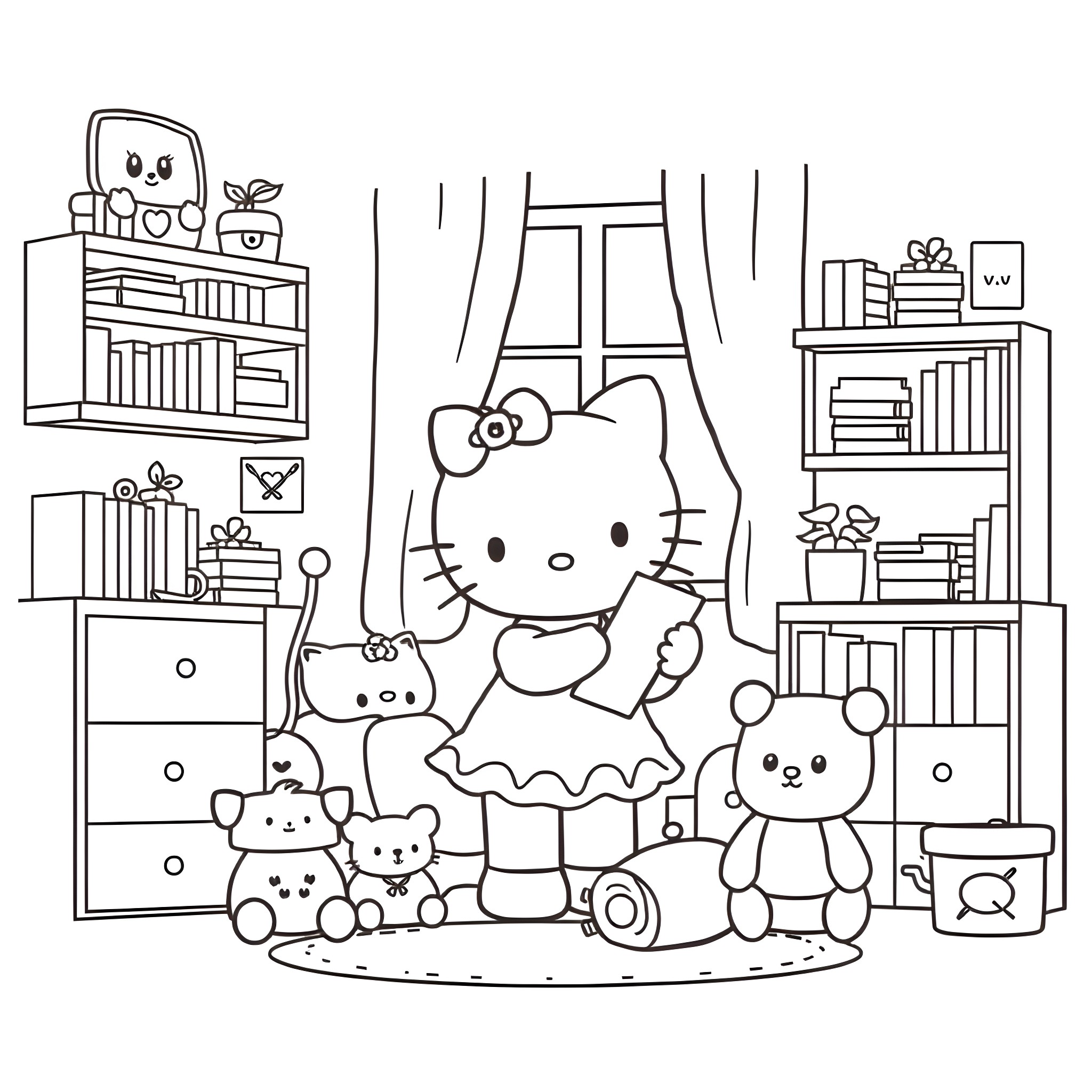Hello Kitty surrounded by toys and books in a cozy room Coloring Page (free black-and-white line drawing printable PDF for all, from beginners to advanced learners, including children, teens, adults, and seniors)