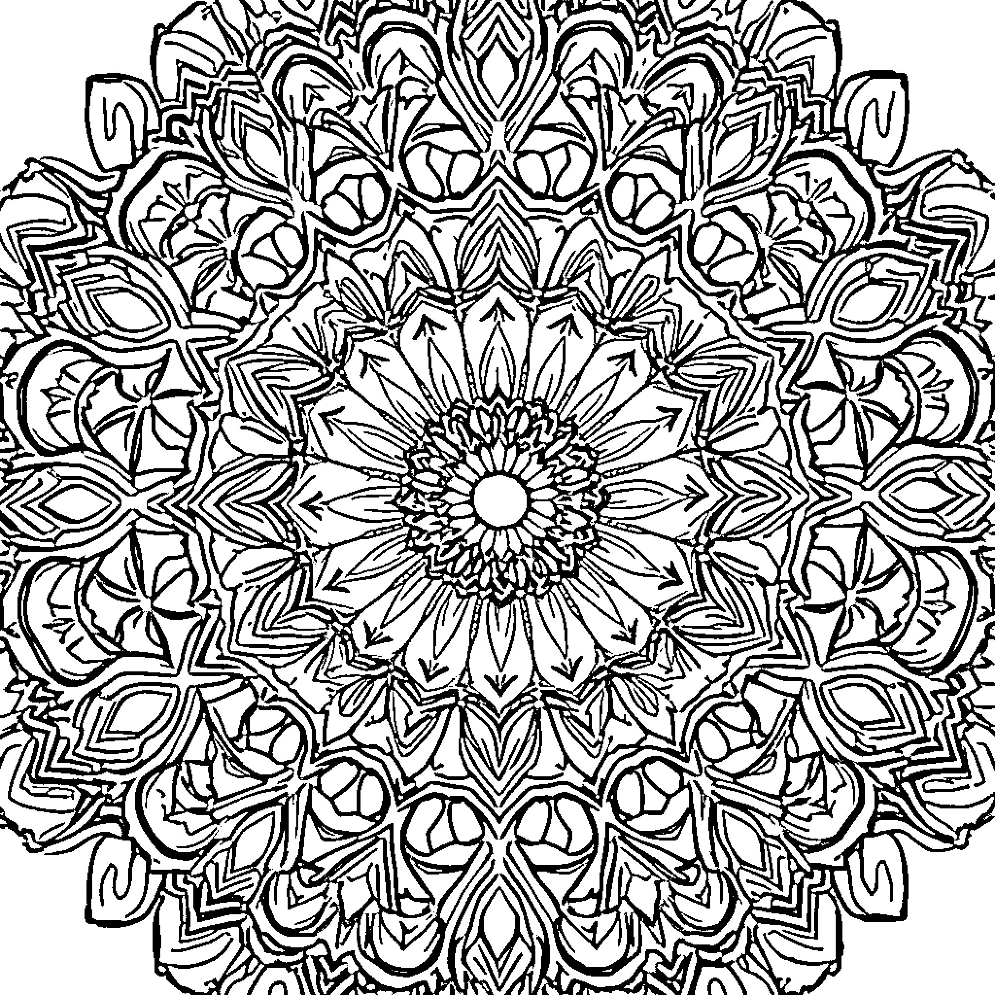 Mandalas with intricate floral patterns Coloring Page (free black-and-white line drawing printable PDF for all, from beginners to advanced learners, including children, teens, adults, and seniors)
