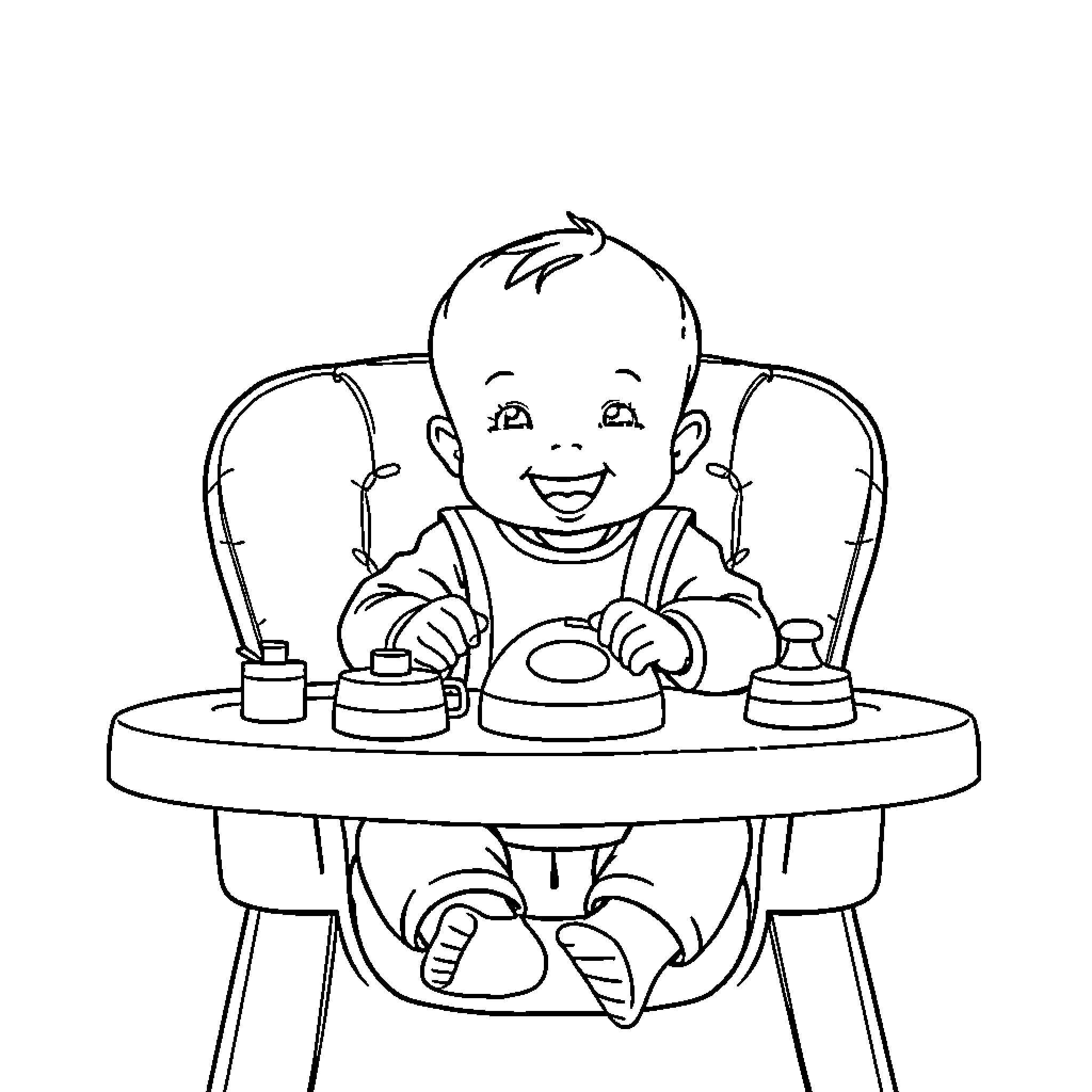 Baby enjoying a meal in highchair Coloring Page (free black-and-white line drawing printable PDF for all, from beginners to advanced learners, including children, teens, adults, and seniors)