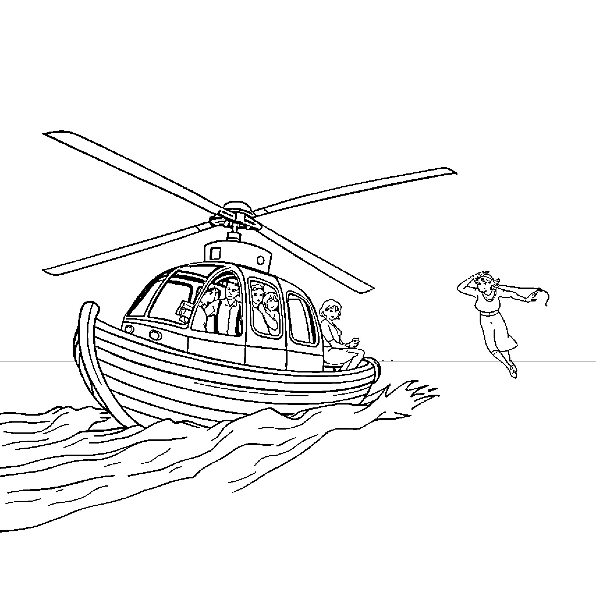 Helicopter rescuing people from turbulent waters Coloring Page (free black-and-white line drawing printable PDF for all, from beginners to advanced learners, including children, teens, adults, and seniors)