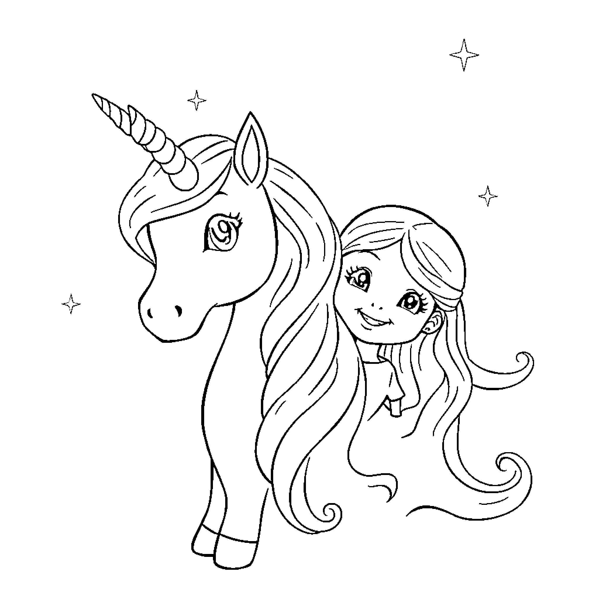Unicorn and girl playing in the starry night Coloring Page (free black-and-white line drawing printable PDF for all, from beginners to advanced learners, including children, teens, adults, and seniors)