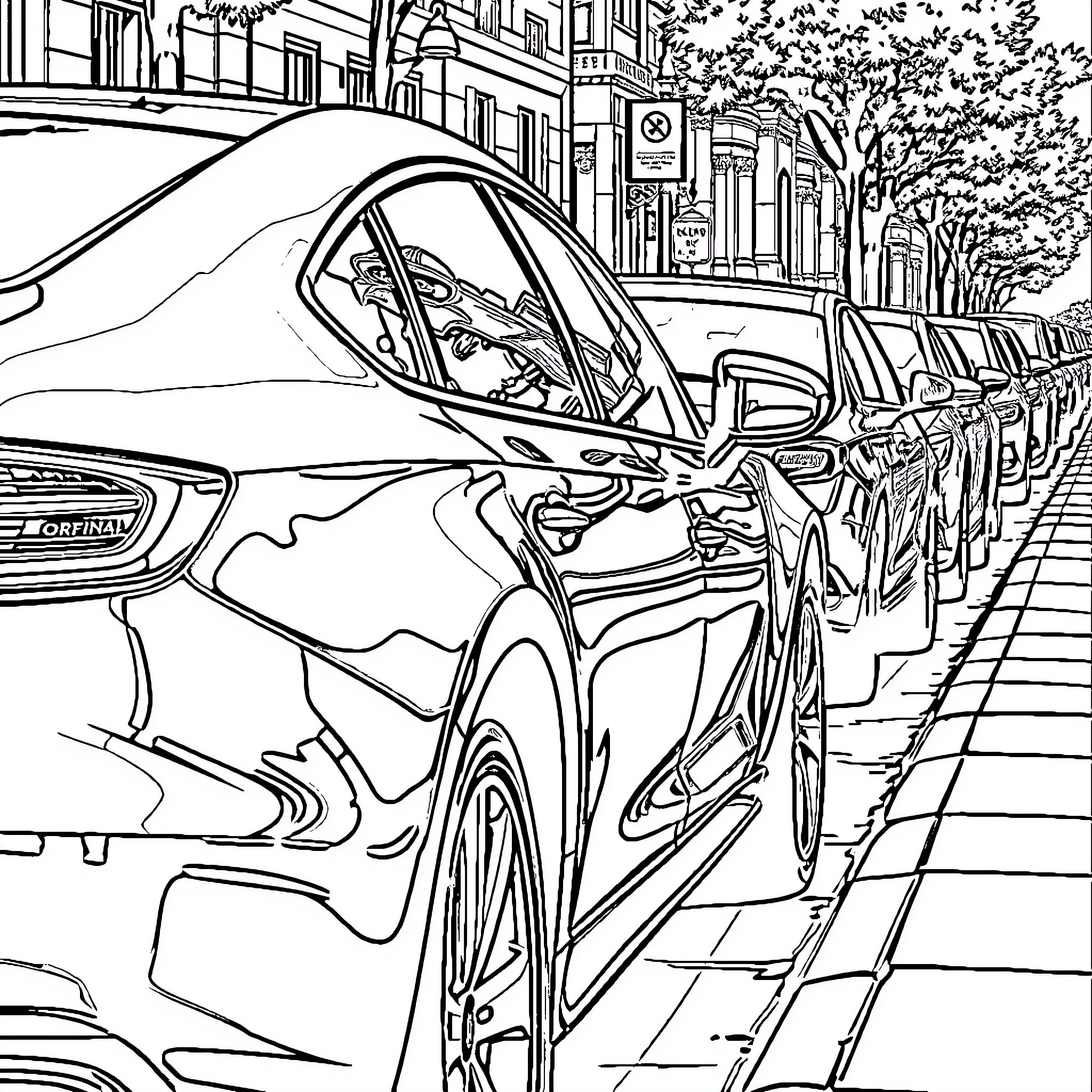Car parked on urban street with trees Coloring Page (free black-and-white line drawing printable PDF for all, from beginners to advanced learners, including children, teens, adults, and seniors)
