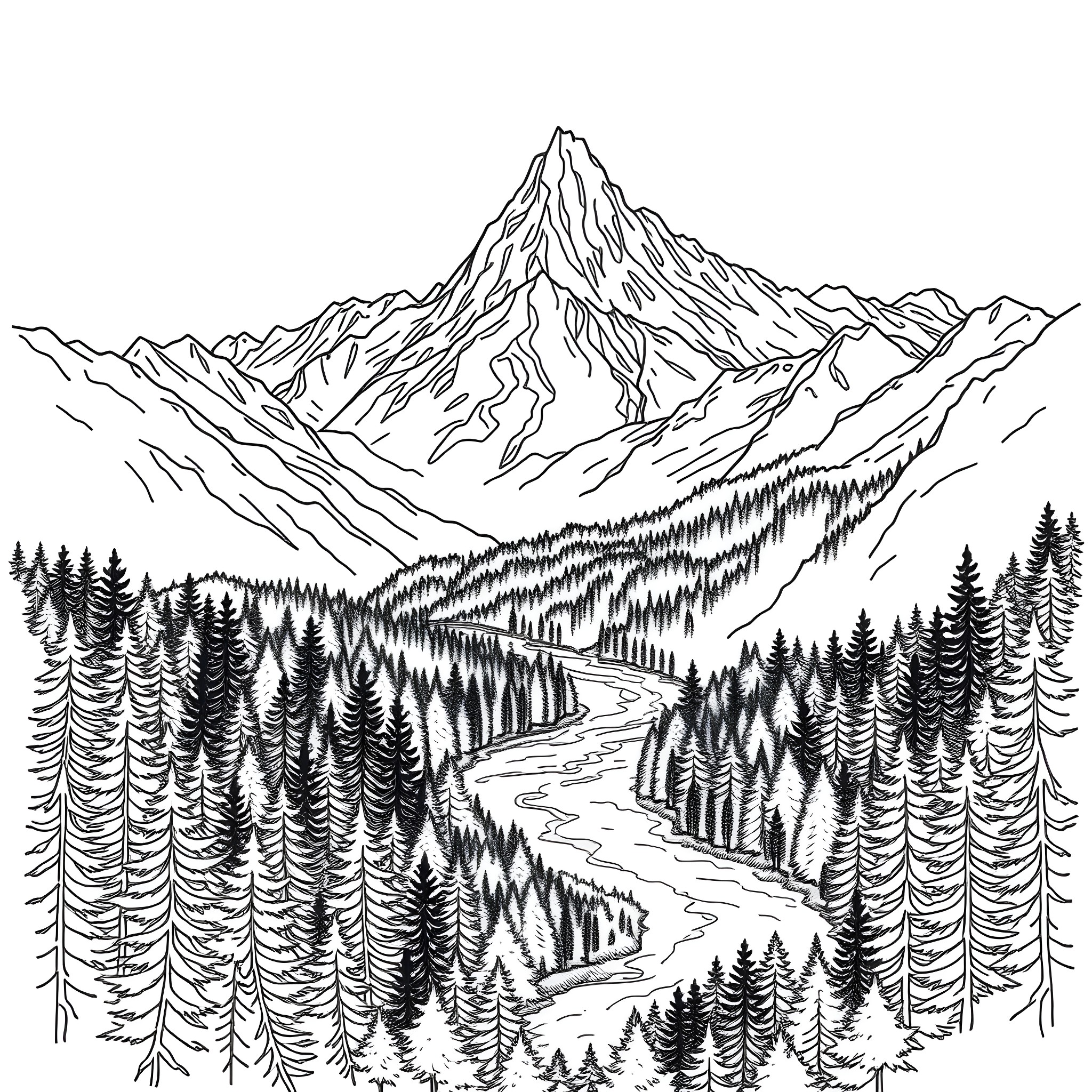 Mountain landscape with snowy peaks and pine trees Coloring Page (free black-and-white line drawing printable PDF for all, from beginners to advanced learners, including children, teens, adults, and seniors)