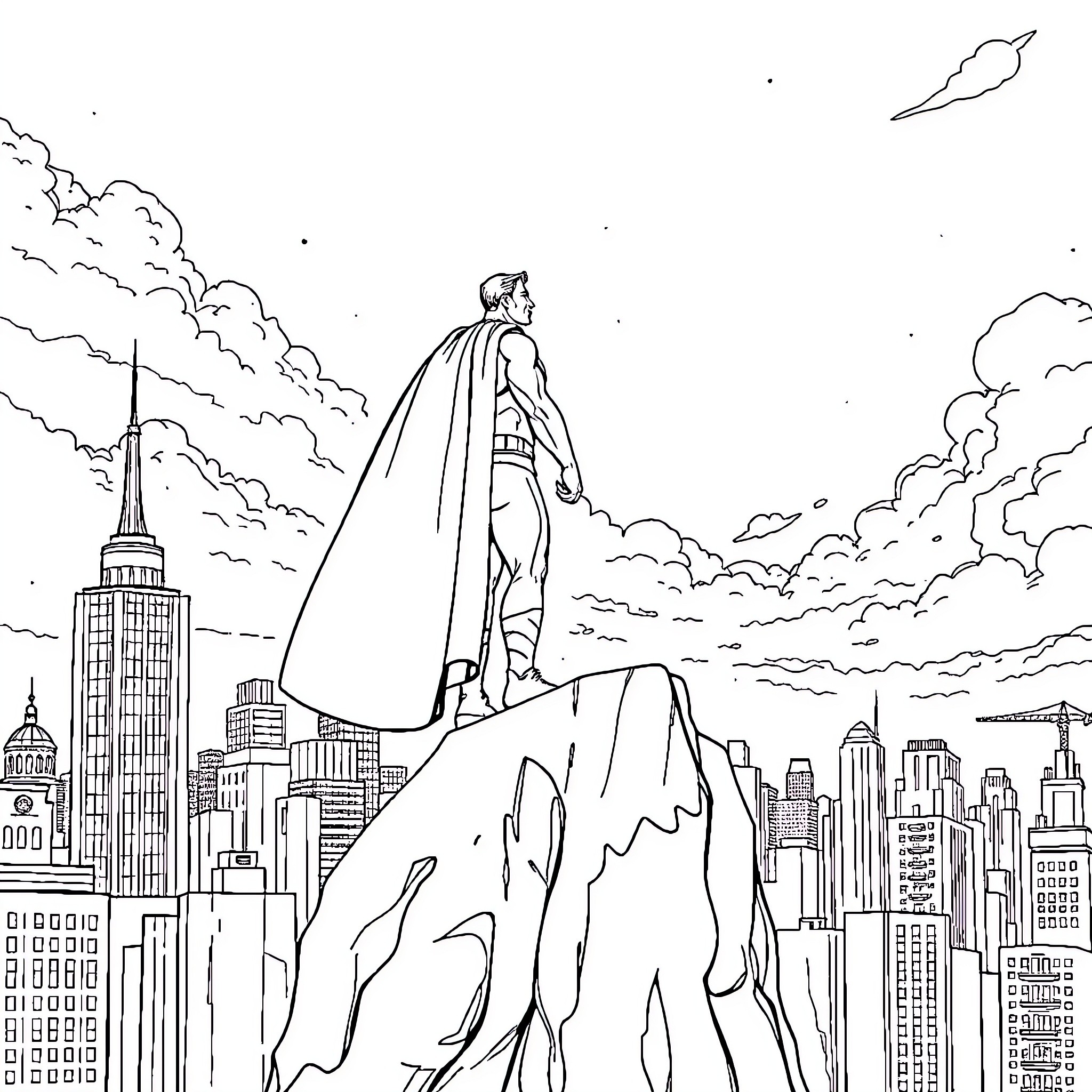 Superman surveying the city skyline Coloring Page (free black-and-white line drawing printable PDF for all, from beginners to advanced learners, including children, teens, adults, and seniors)