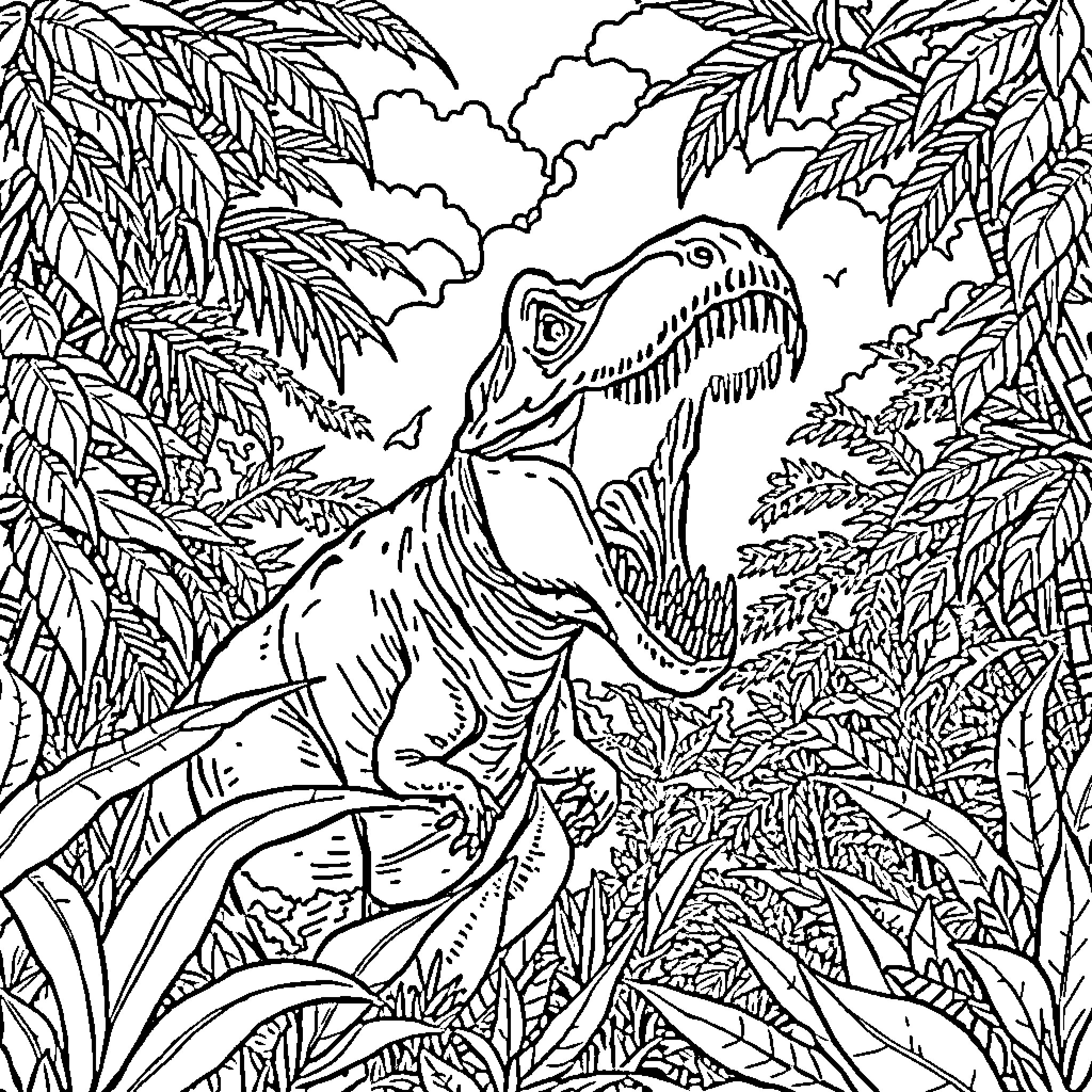 Dinosaur roaming through lush jungle vegetation Coloring Page (free black-and-white line drawing printable PDF for all, from beginners to advanced learners, including children, teens, adults, and seniors)