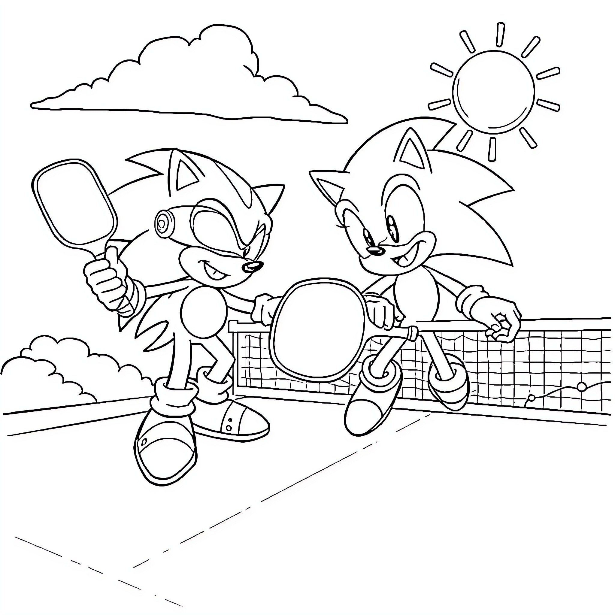 Sonic Characters Playing on Racecourse Coloring Page (free black-and-white line drawing printable PDF for all, from beginners to advanced learners, including children, teens, adults, and seniors)