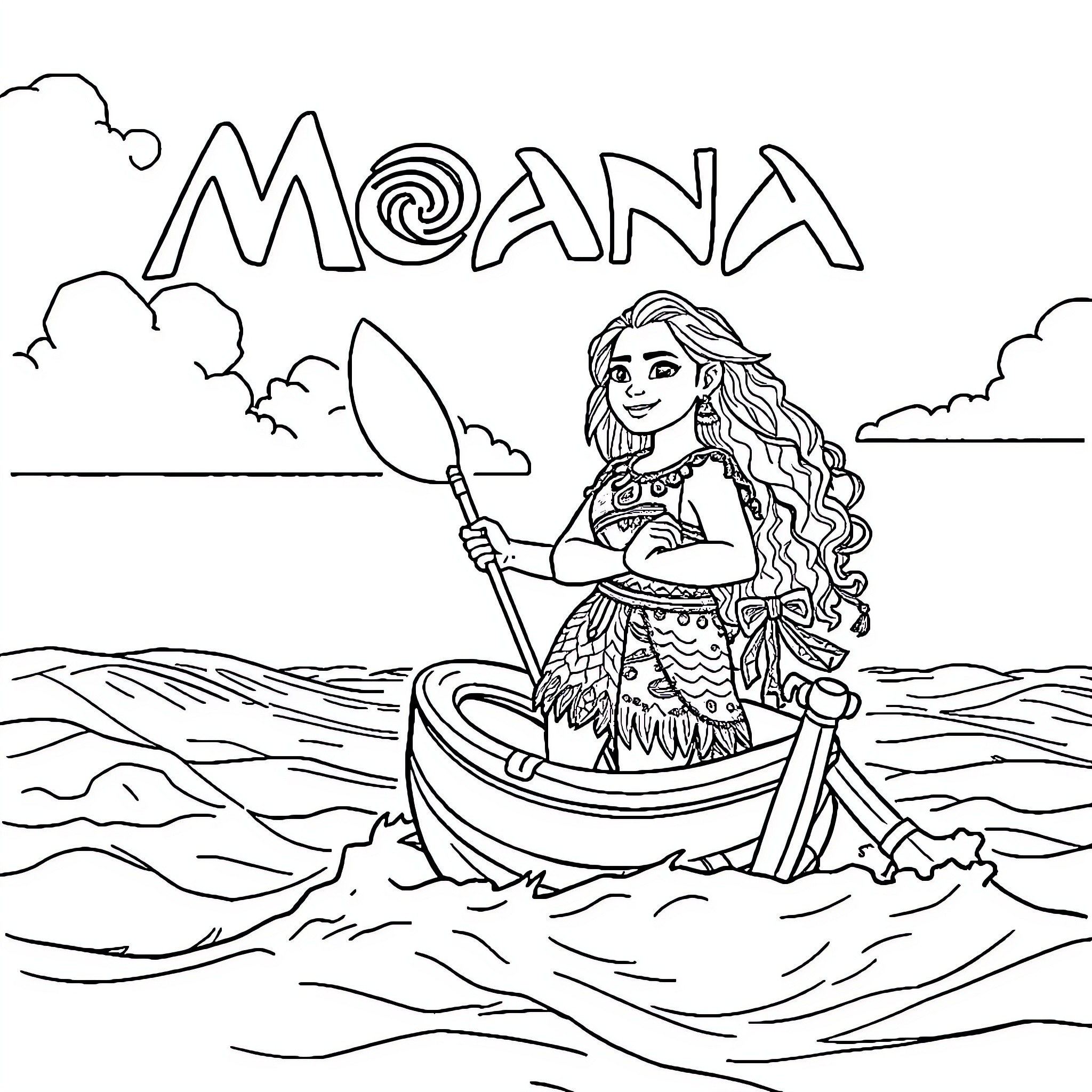Moana paddling her boat on the ocean Coloring Page (free black-and-white line drawing printable PDF for all, from beginners to advanced learners, including children, teens, adults, and seniors)