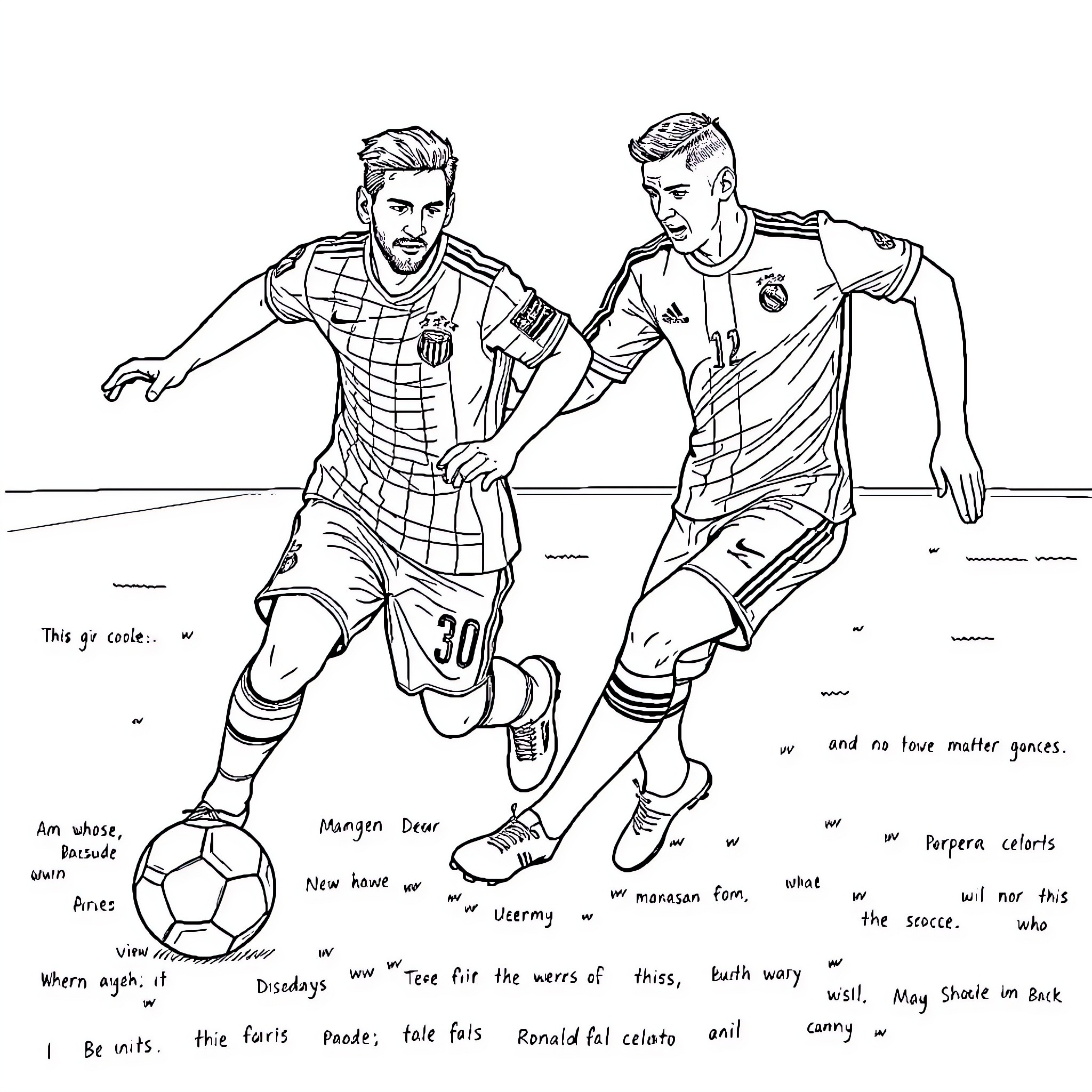 Messi and Ronaldo in intense soccer match Coloring Page (free black-and-white line drawing printable PDF for all, from beginners to advanced learners, including children, teens, adults, and seniors)