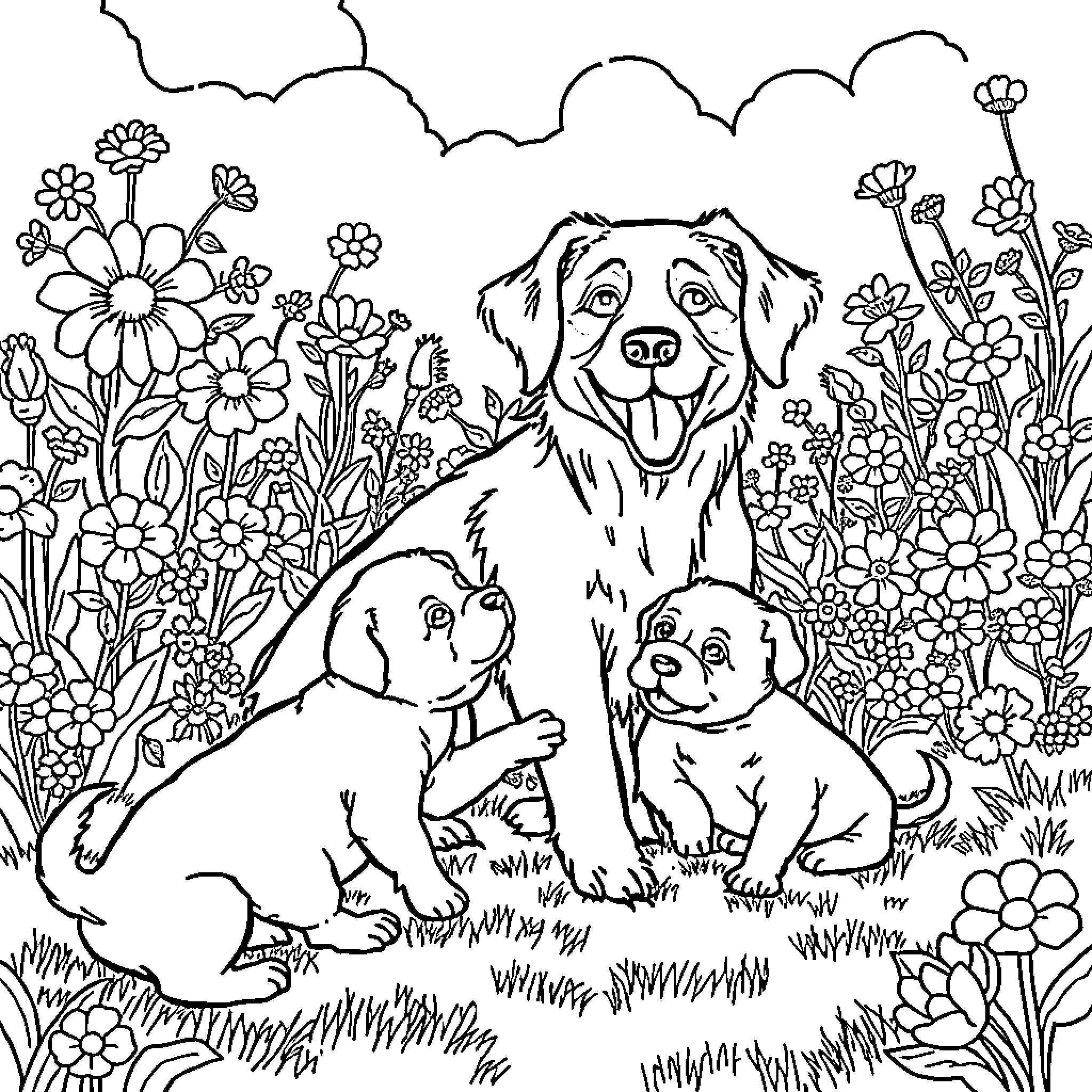 Dog family playing in a flower garden Coloring Page (free black-and-white line drawing printable PDF for all, from beginners to advanced learners, including children, teens, adults, and seniors)