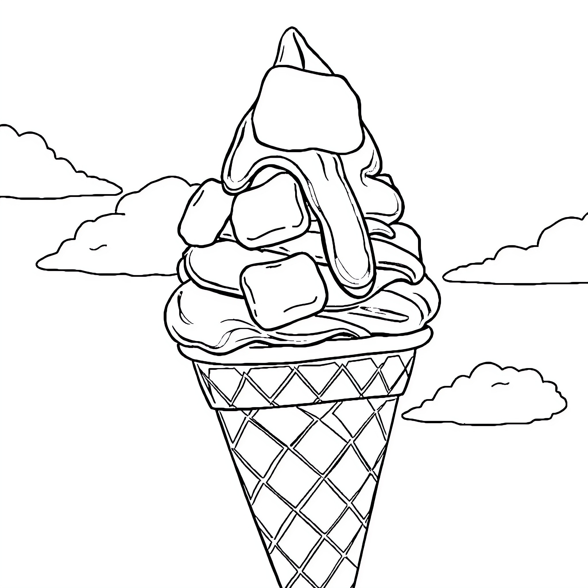 Ice Cream Sundae Towering in the Sky Coloring Page (free black-and-white line drawing printable PDF for all, from beginners to advanced learners, including children, teens, adults, and seniors)