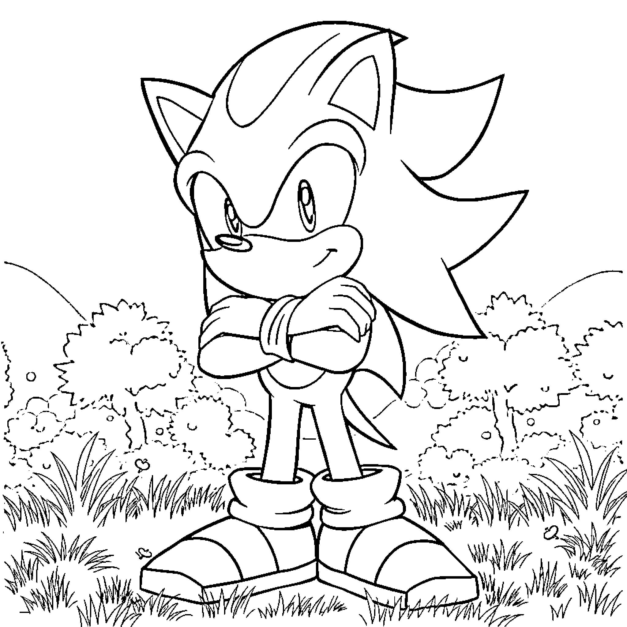 Shadow of a Cheerful Cartoon Character Exploring Nature Coloring Page (free black-and-white line drawing printable PDF for all, from beginners to advanced learners, including children, teens, adults, and seniors)
