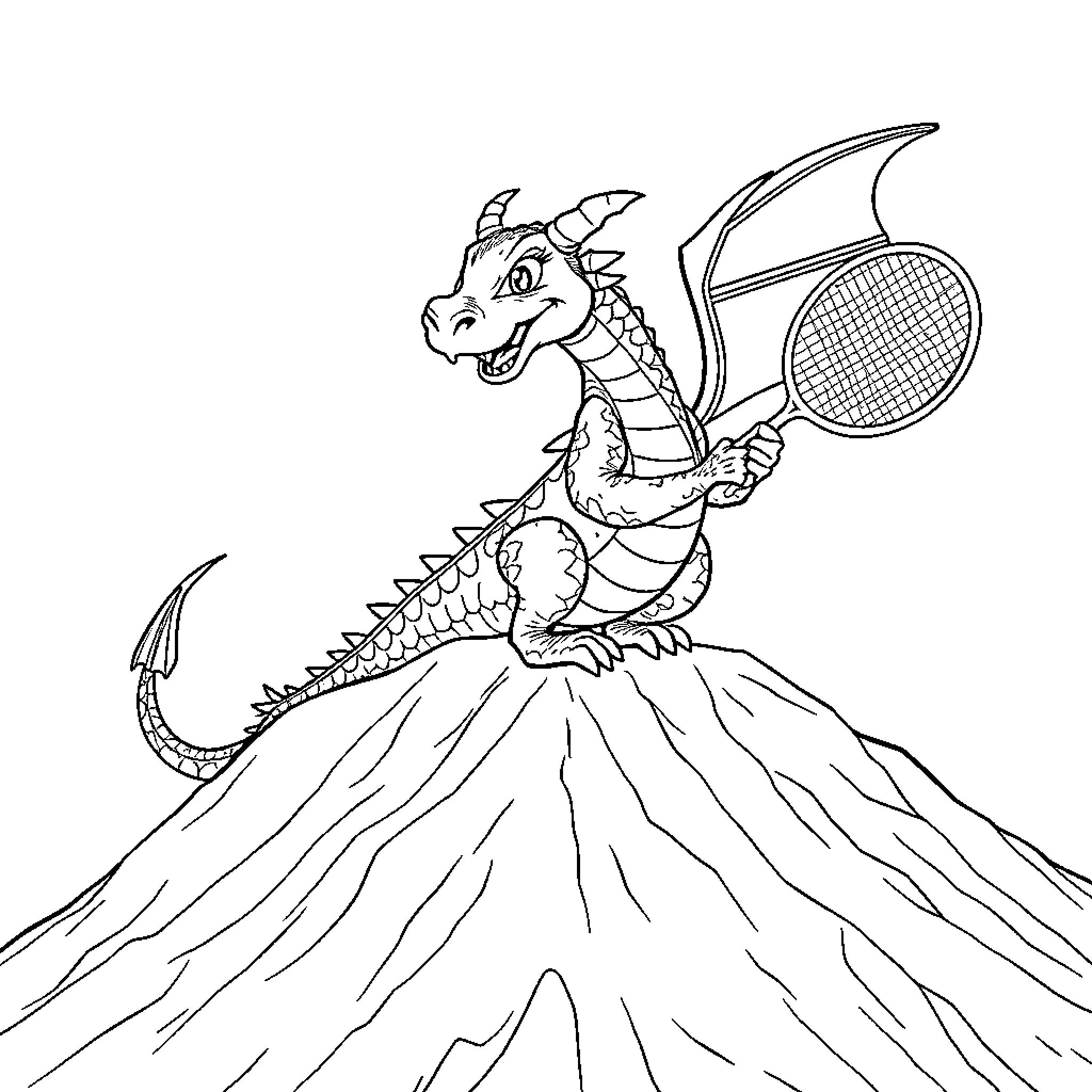Dragon Playing Tennis on a Mountainous Terrain Coloring Page (free black-and-white line drawing printable PDF for all, from beginners to advanced learners, including children, teens, adults, and seniors)
