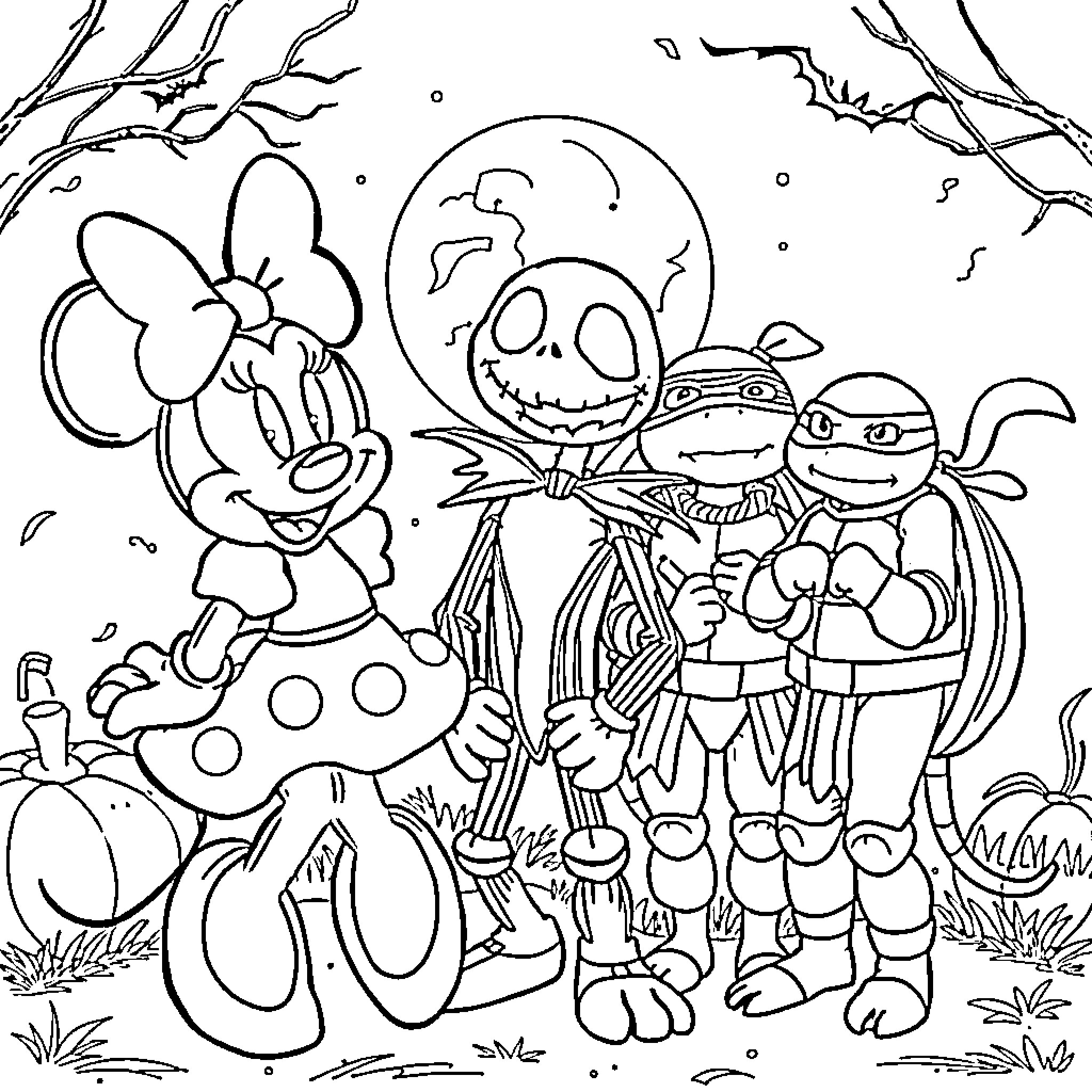 Halloween Fun with Familiar Characters Coloring Page (free black-and-white line drawing printable PDF for all, from beginners to advanced learners, including children, teens, adults, and seniors)