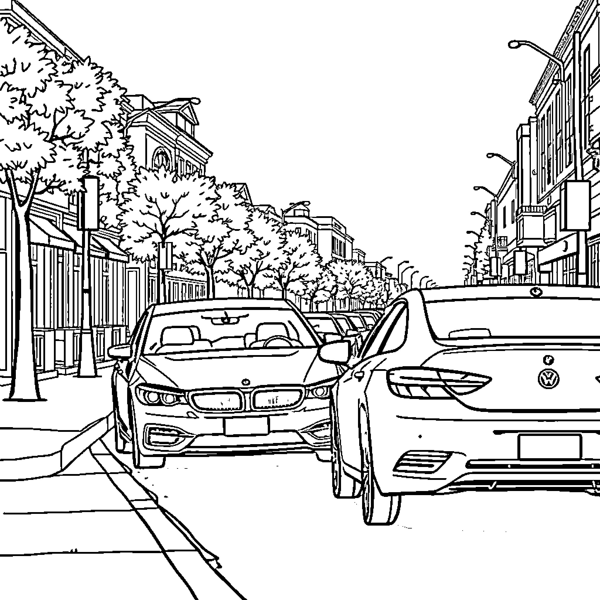 Cars parked along a tree-lined city street Coloring Page (free black-and-white line drawing printable PDF for all, from beginners to advanced learners, including children, teens, adults, and seniors)