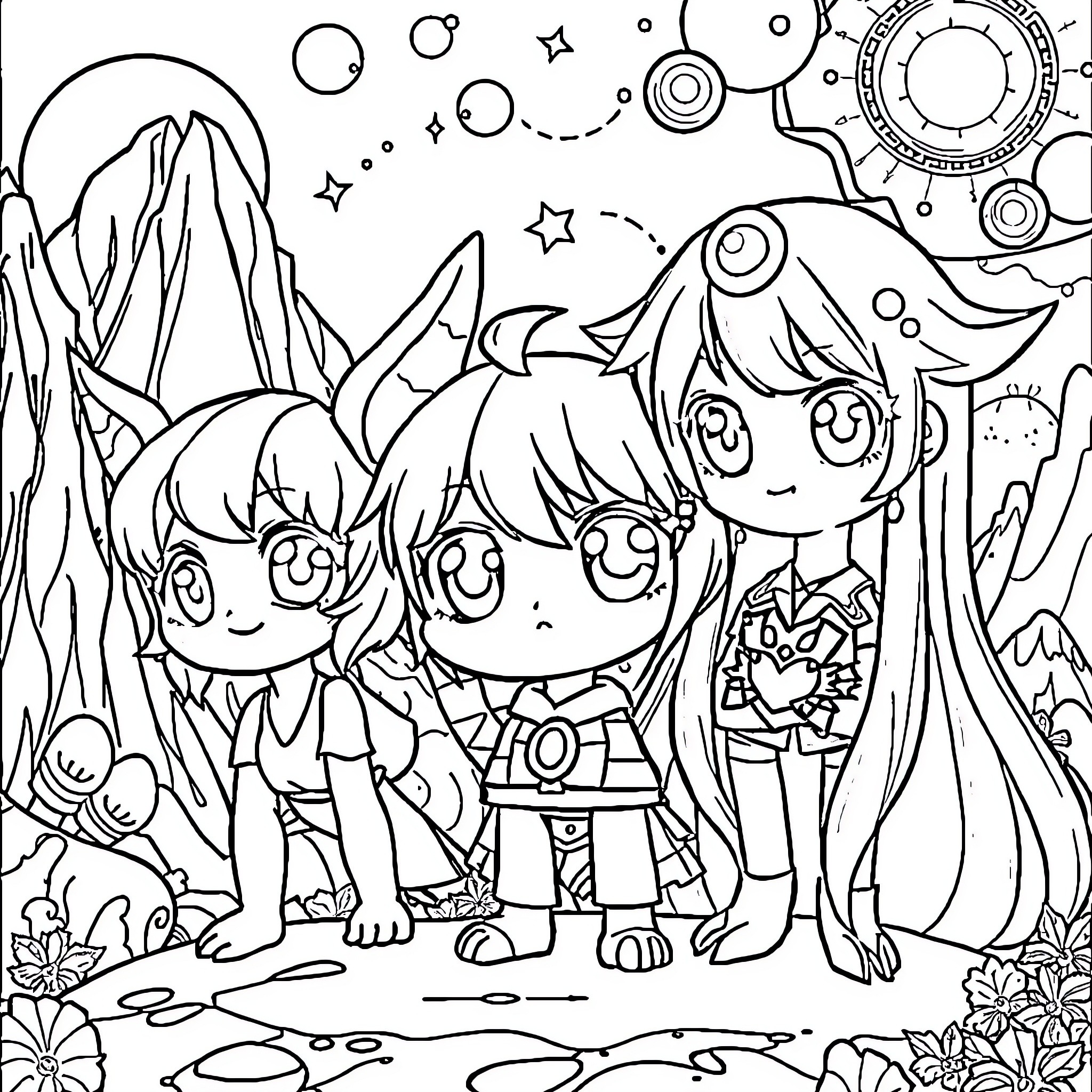 Anime Characters in Magical Fantasy Landscape Coloring Page (free black-and-white line drawing printable PDF for all, from beginners to advanced learners, including children, teens, adults, and seniors)