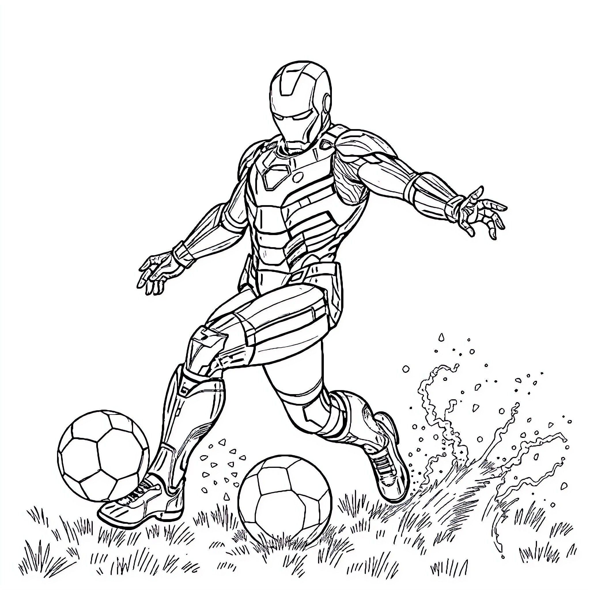 Iron Man Playing Football with Soccer Balls Coloring Page (free black-and-white line drawing printable PDF for all, from beginners to advanced learners, including children, teens, adults, and seniors)