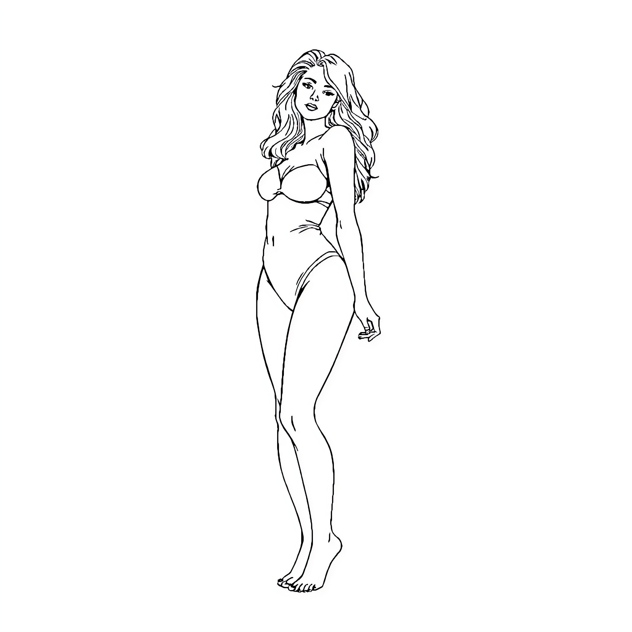 Woman in swimsuit posing confidently Coloring Page (free black-and-white line drawing printable PDF for all, from beginners to advanced learners, including children, teens, adults, and seniors)