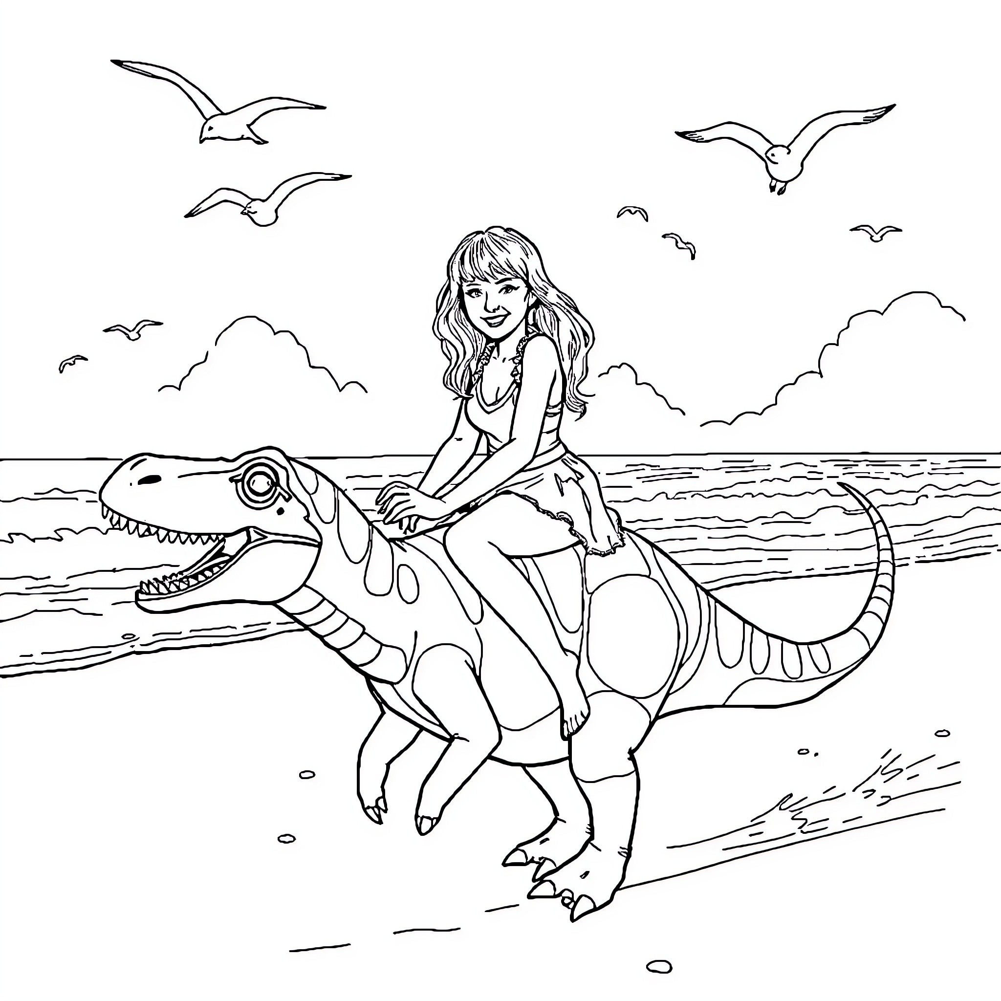 Taylor Swift riding a dinosaur on the beach Coloring Page (free black-and-white line drawing printable PDF for all, from beginners to advanced learners, including children, teens, adults, and seniors)