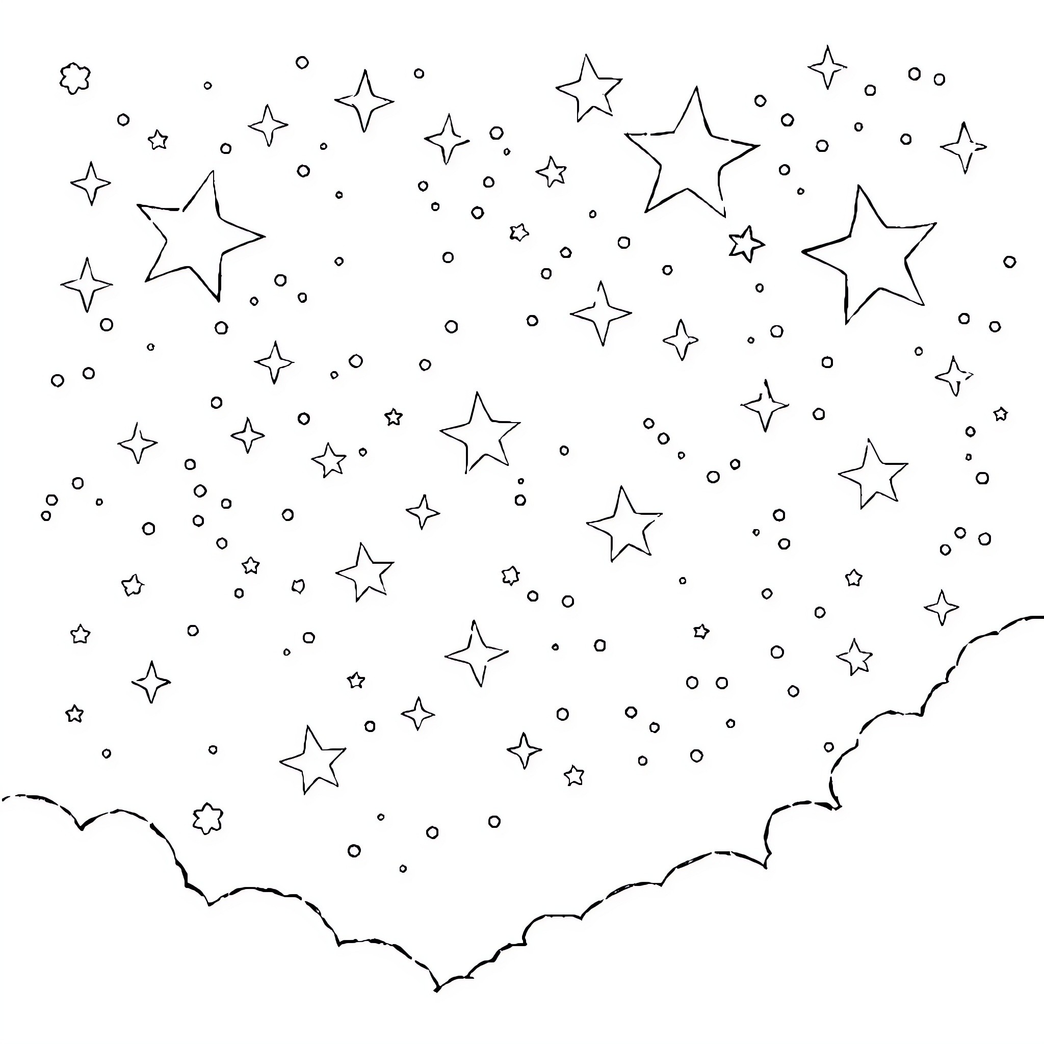 Star-filled Celestial Scene with Clouds Coloring Page (free black-and-white line drawing printable PDF for all, from beginners to advanced learners, including children, teens, adults, and seniors)