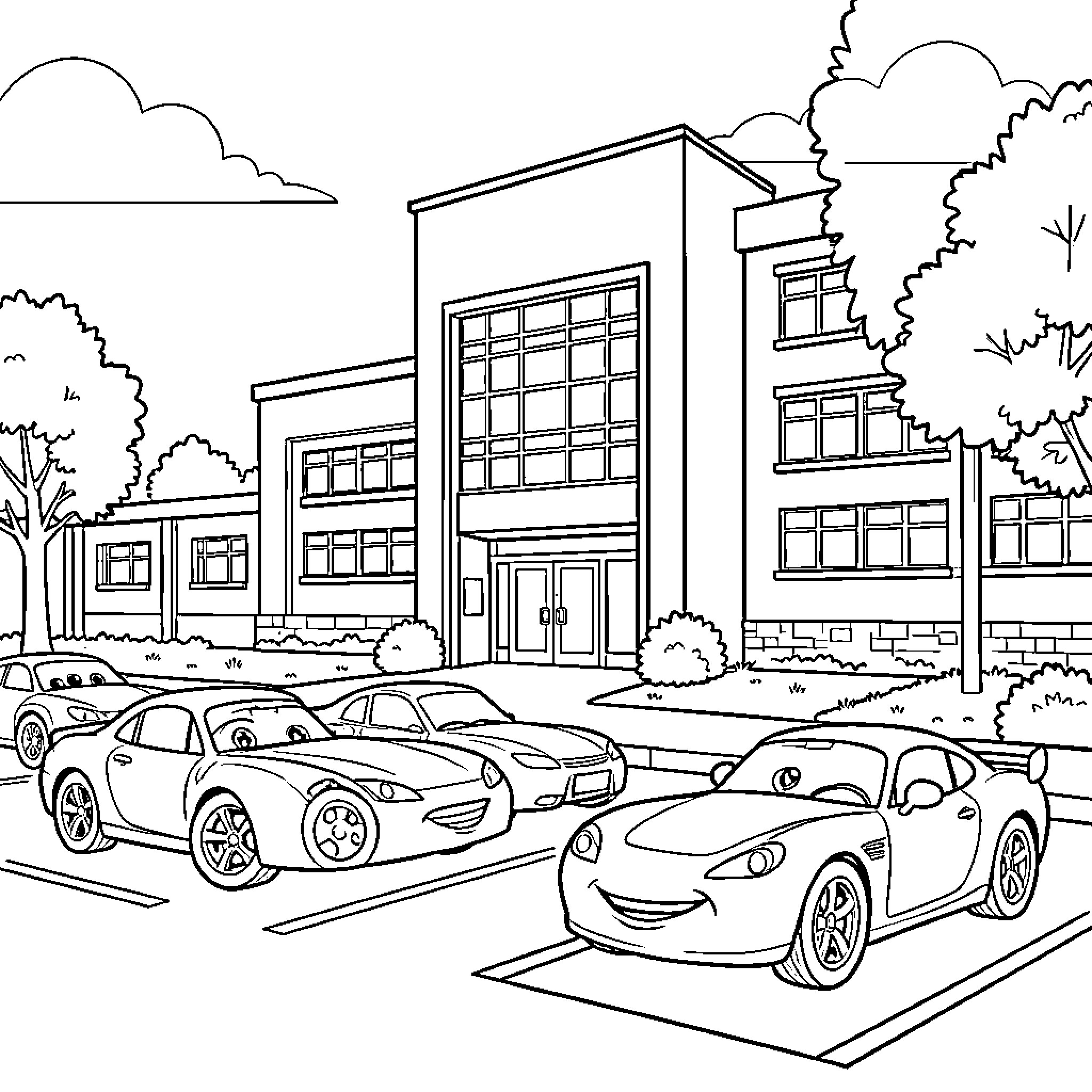 Car characters smiling in a school parking lot Coloring Page (free black-and-white line drawing printable PDF for all, from beginners to advanced learners, including children, teens, adults, and seniors)