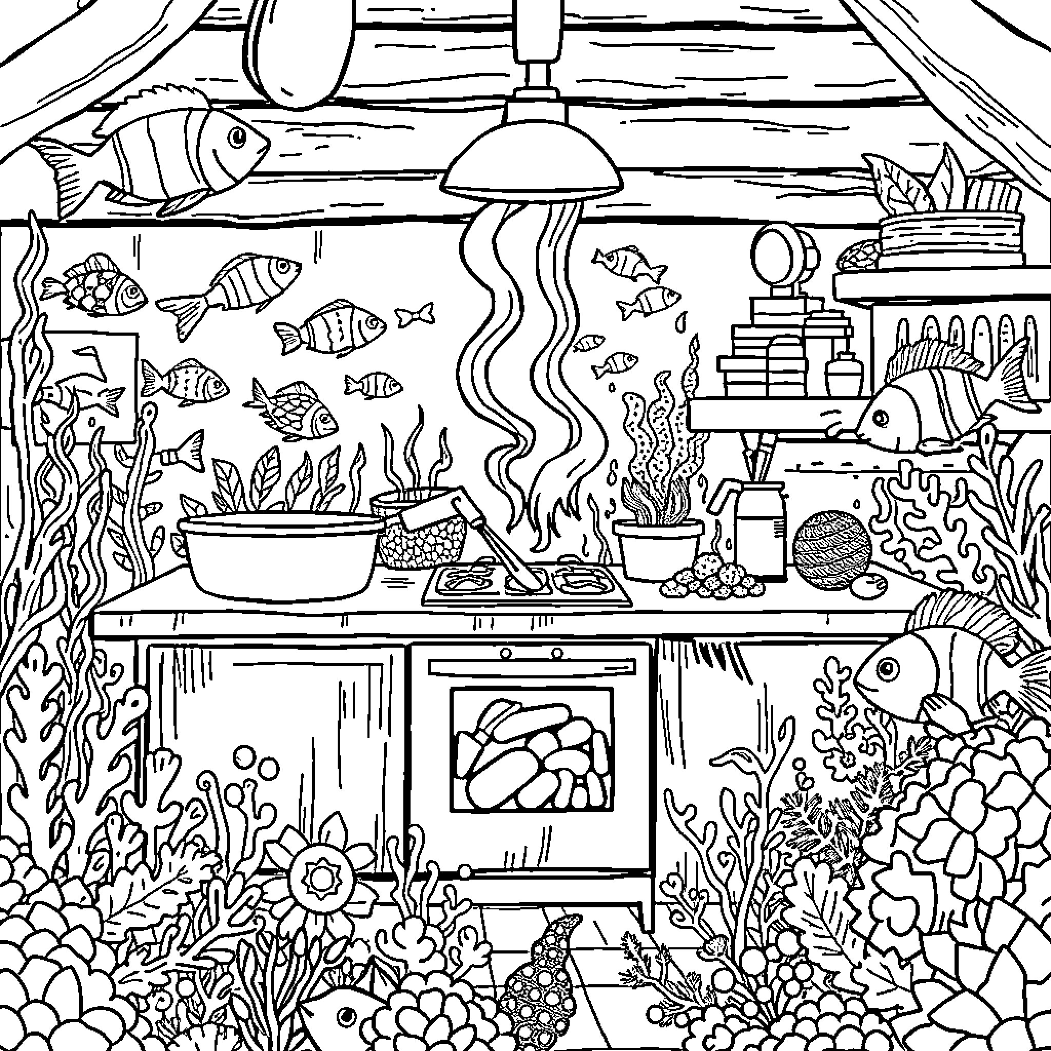 Cooking in an underwater kitchen with marine life Coloring Page (free black-and-white line drawing printable PDF for all, from beginners to advanced learners, including children, teens, adults, and seniors)