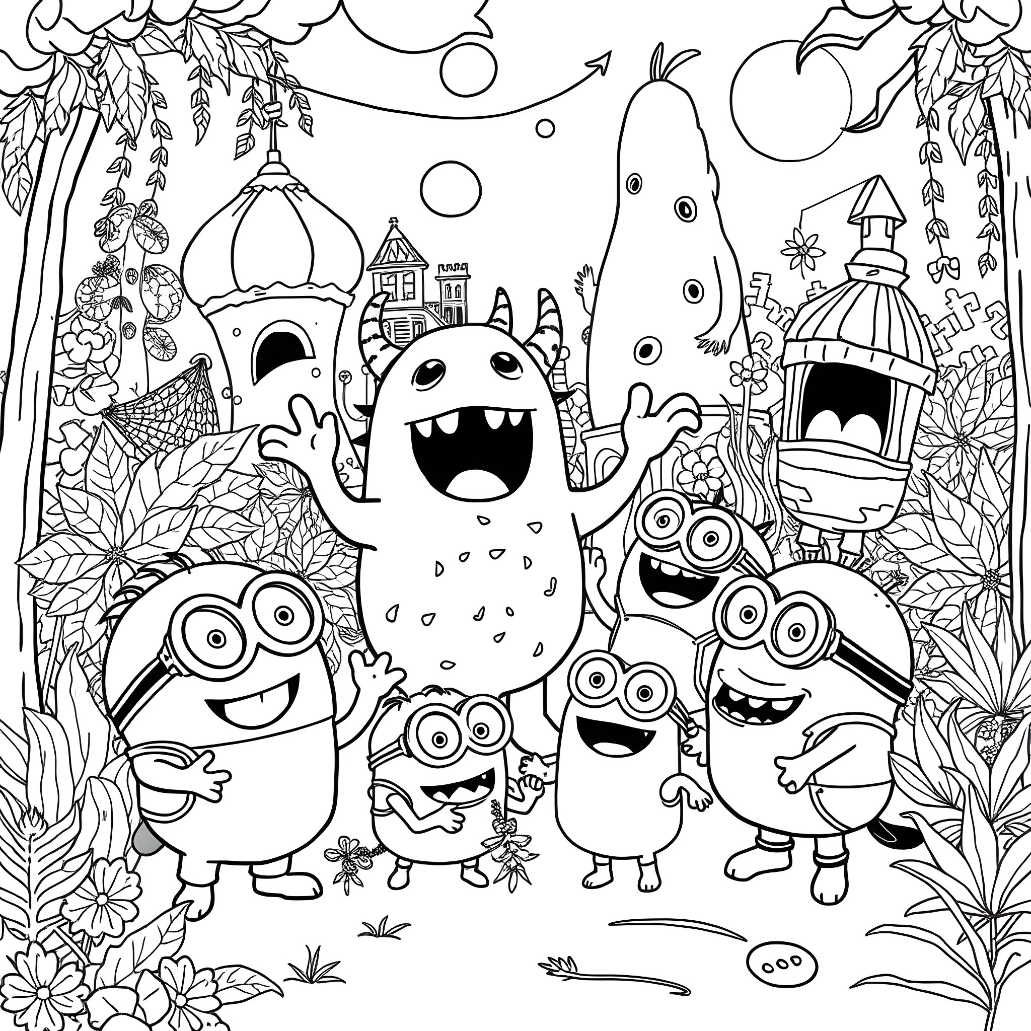 Monster characters in a whimsical fantasy landscape Coloring Page (free black-and-white line drawing printable PDF for all, from beginners to advanced learners, including children, teens, adults, and seniors)