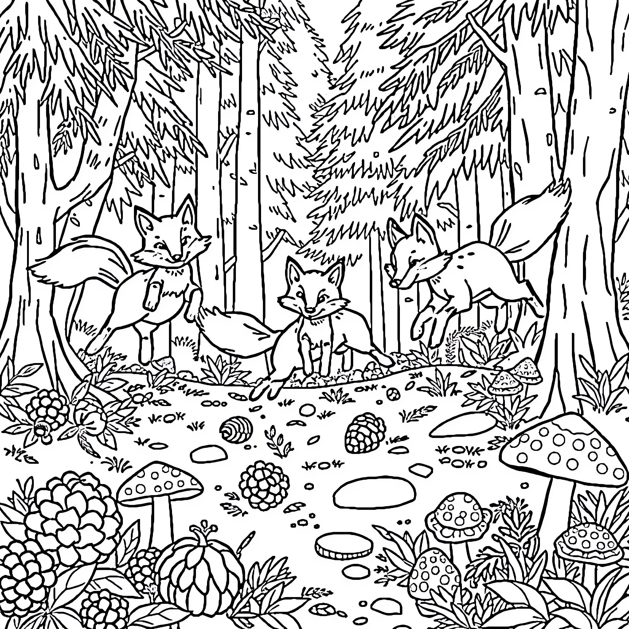 Fox family exploring enchanted forest Coloring Page (free black-and-white line drawing printable PDF for all, from beginners to advanced learners, including children, teens, adults, and seniors)