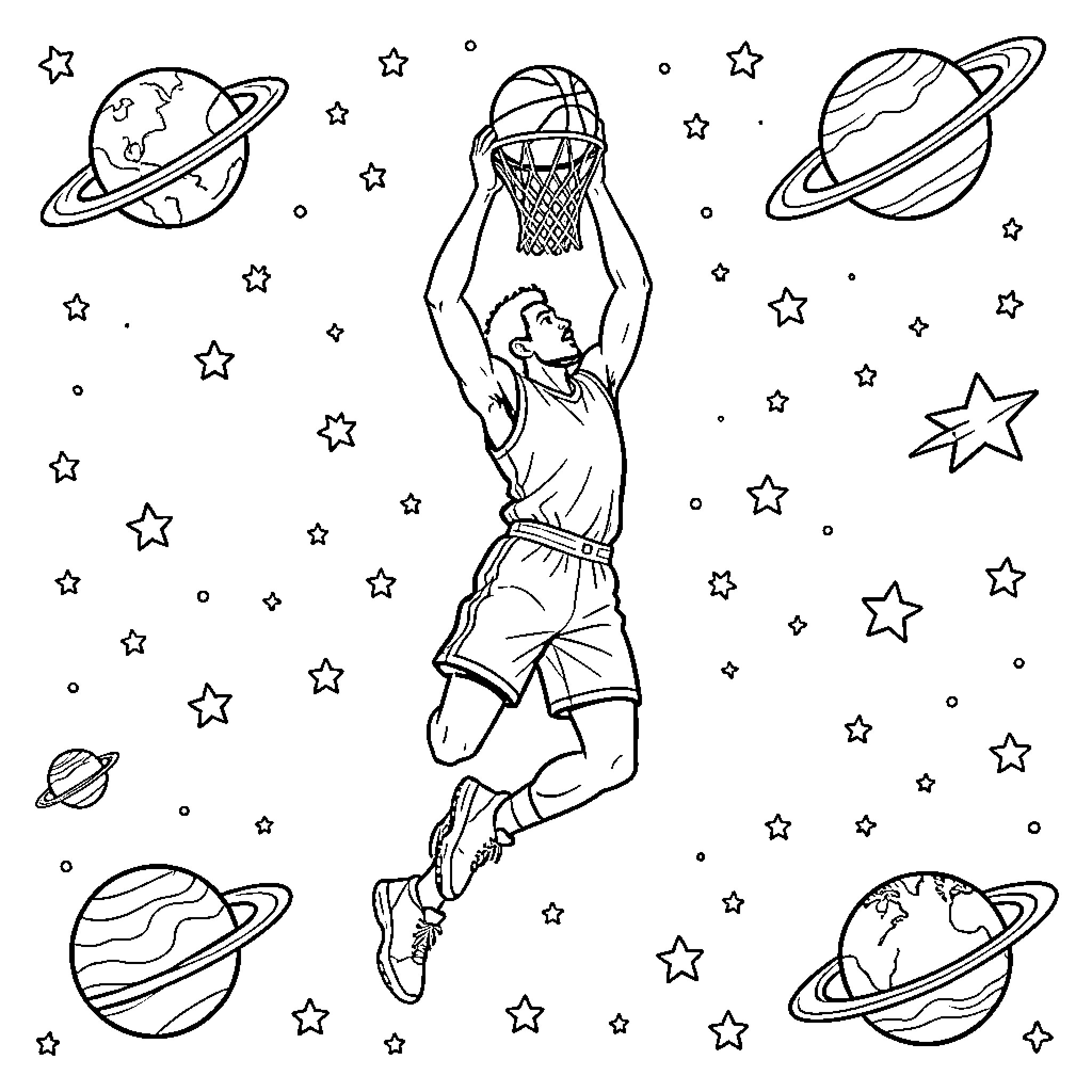 Basketball Player Dunking in Cosmic Space Coloring Page (free black-and-white line drawing printable PDF for all, from beginners to advanced learners, including children, teens, adults, and seniors)
