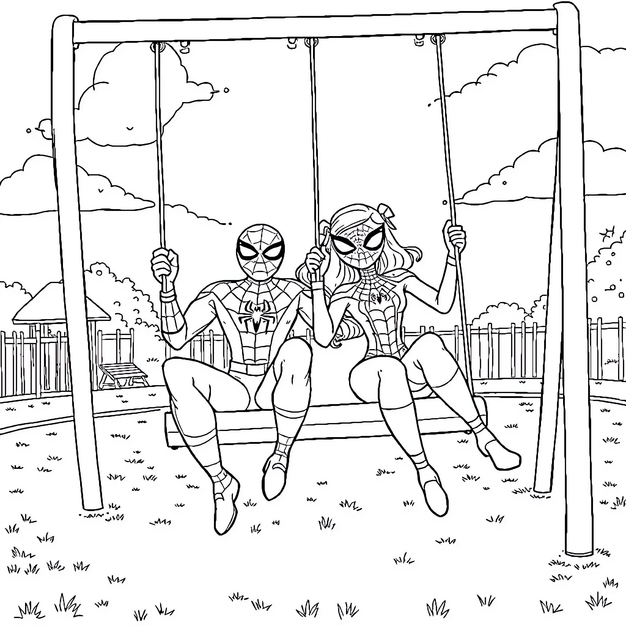 Spiderman and friends enjoy a playground swing Coloring Page (free black-and-white line drawing printable PDF for all, from beginners to advanced learners, including children, teens, adults, and seniors)
