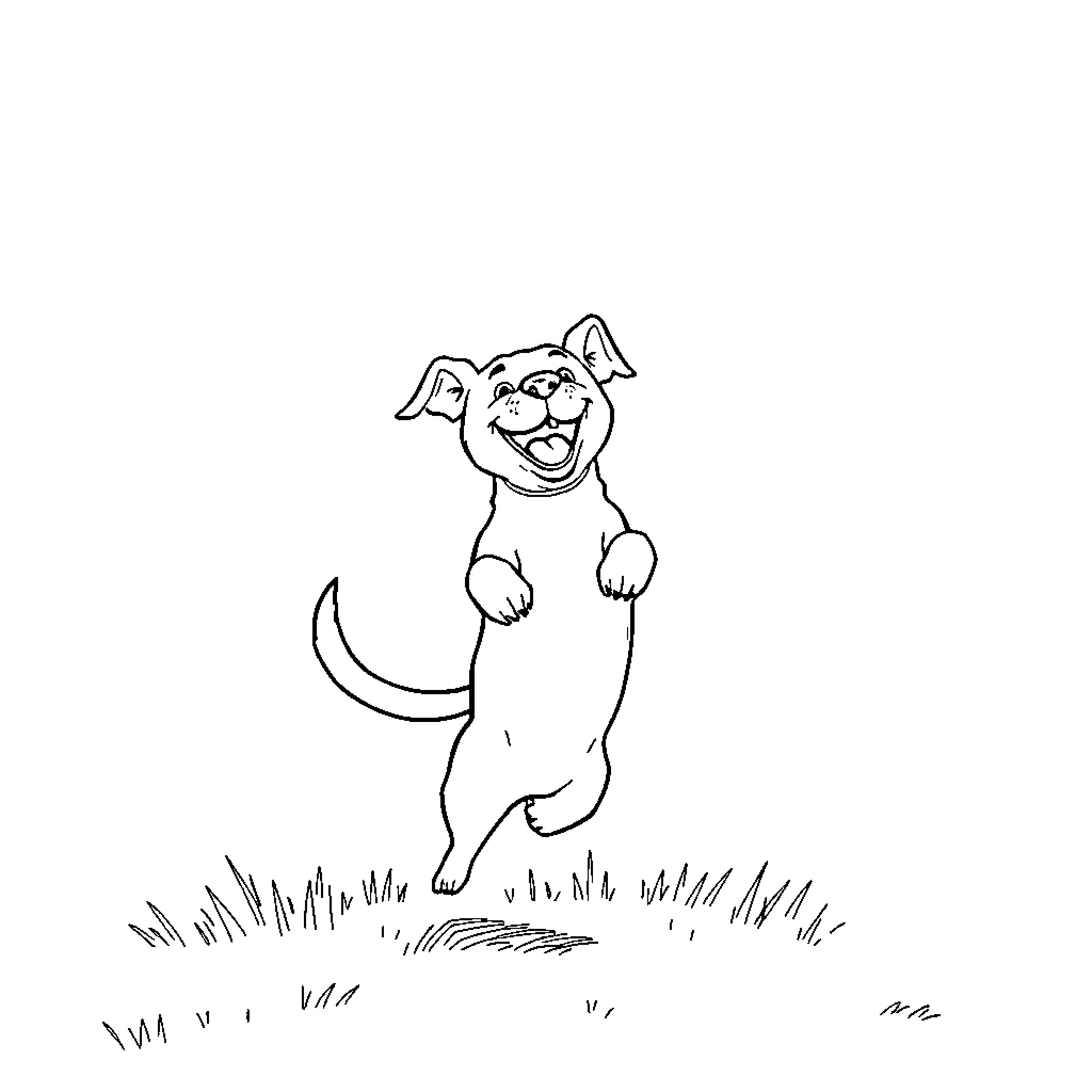 Dog jumping excitedly in the grass Coloring Page (free black-and-white line drawing printable PDF for all, from beginners to advanced learners, including children, teens, adults, and seniors)