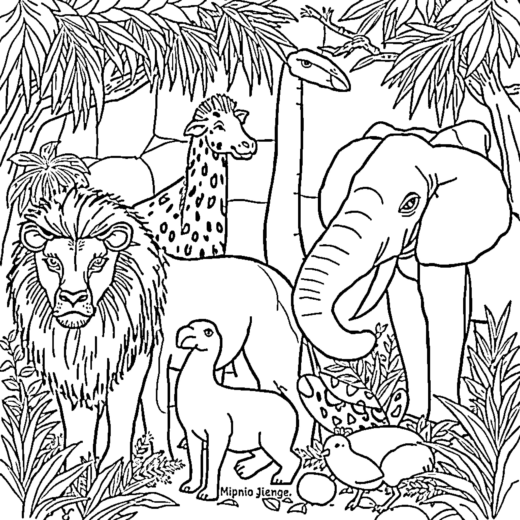 Animal safari adventure in the jungle Coloring Page (free black-and-white line drawing printable PDF for all, from beginners to advanced learners, including children, teens, adults, and seniors)