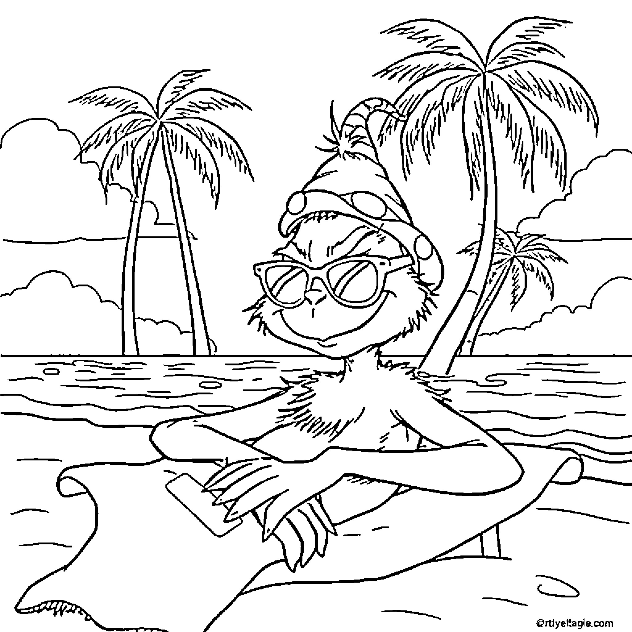 Grinch relaxing on beach under palm trees Coloring Page (free black-and-white line drawing printable PDF for all, from beginners to advanced learners, including children, teens, adults, and seniors)