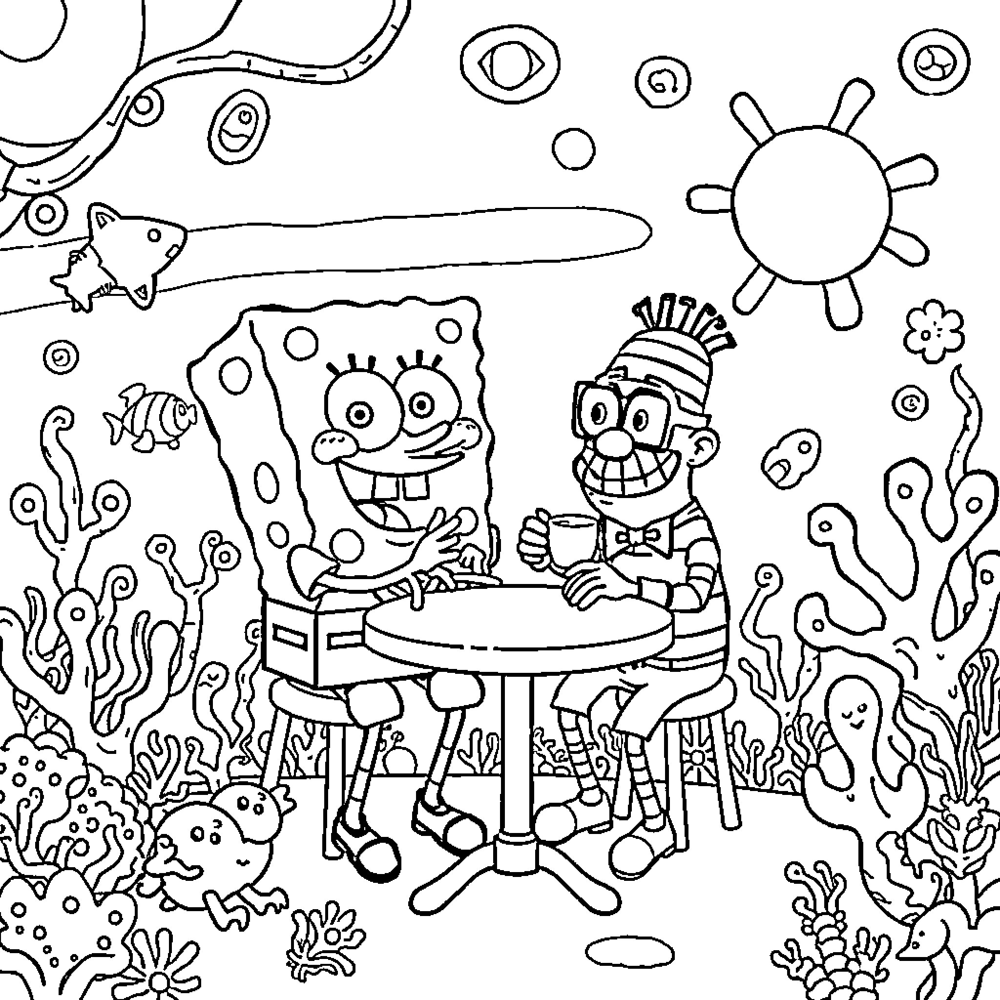 Spongebob and friends in an underwater adventure Coloring Page (free black-and-white line drawing printable PDF for all, from beginners to advanced learners, including children, teens, adults, and seniors)