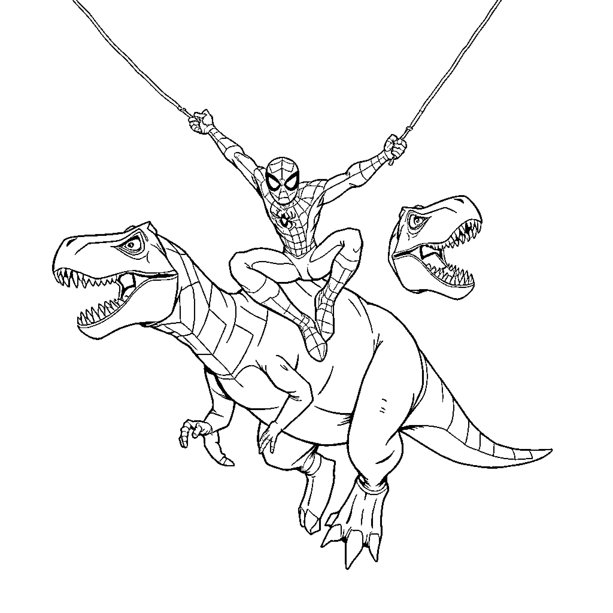 Spiderman riding a T-Rex with action and adventure Coloring Page (free black-and-white line drawing printable PDF for all, from beginners to advanced learners, including children, teens, adults, and seniors)