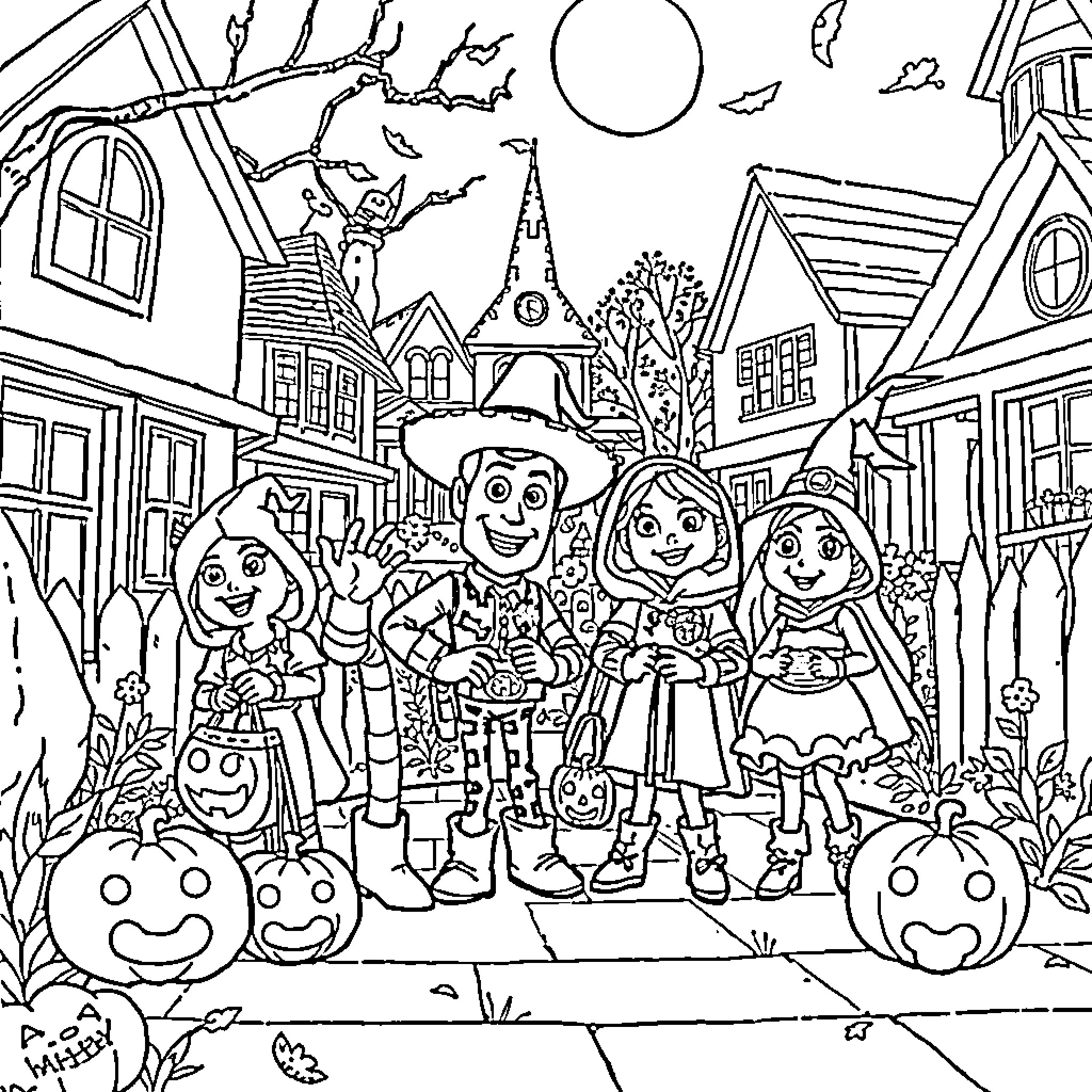 Toy Story Characters Celebrating Halloween in the Town Coloring Page (free black-and-white line drawing printable PDF for all, from beginners to advanced learners, including children, teens, adults, and seniors)
