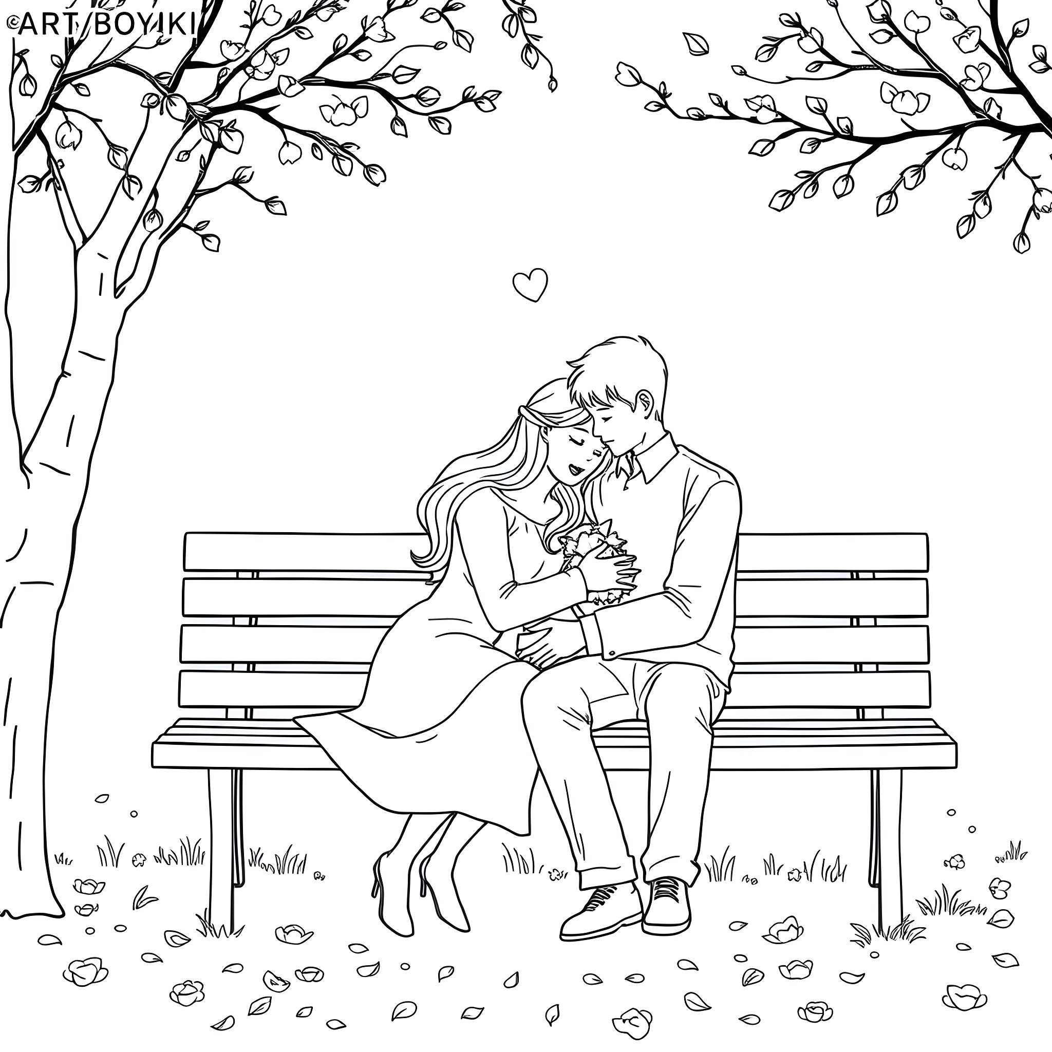 Couple embracing on a park bench under a blossoming tree Coloring Page (free black-and-white line drawing printable PDF for all, from beginners to advanced learners, including children, teens, adults, and seniors)