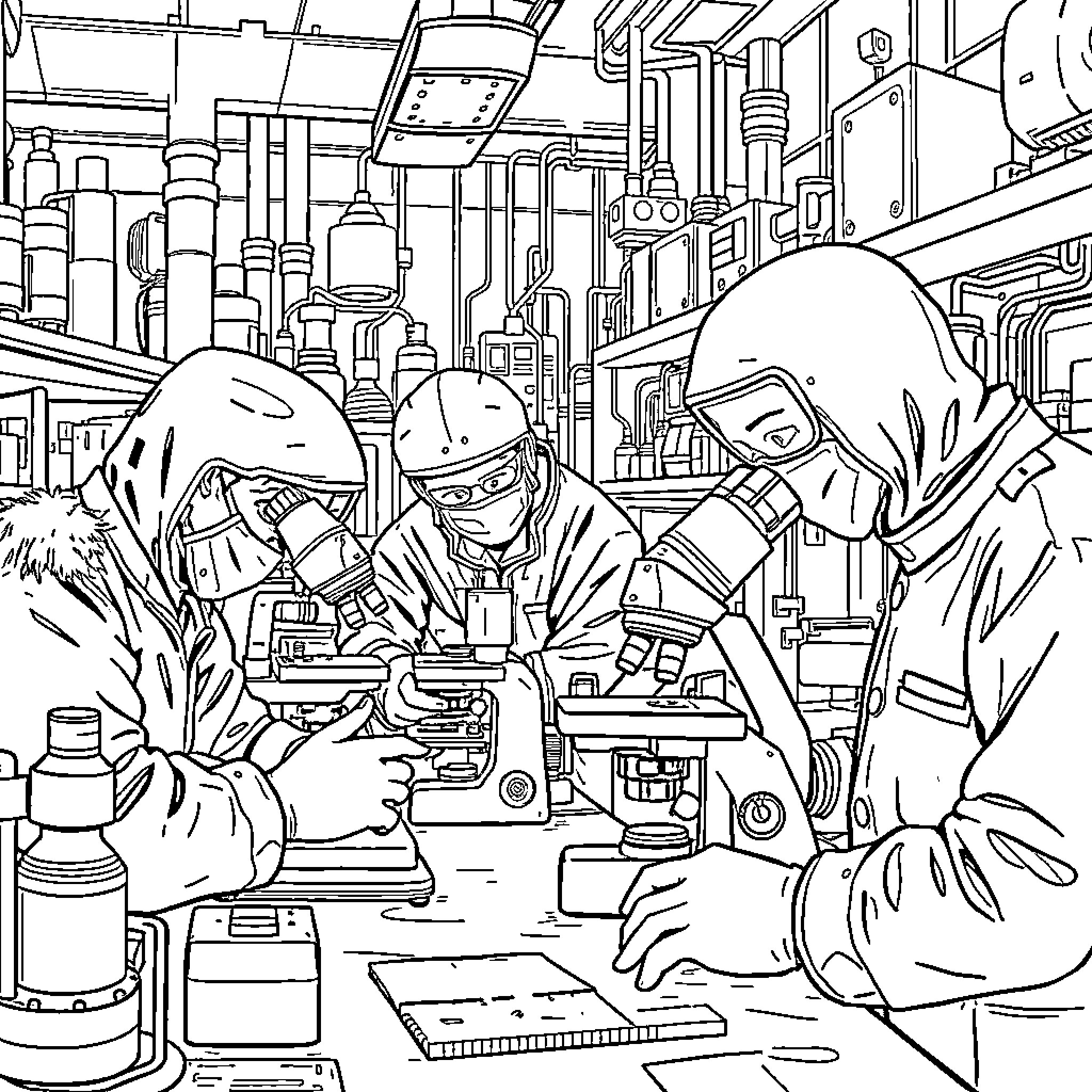 Avengers scientists working diligently in the lab Coloring Page (free black-and-white line drawing printable PDF for all, from beginners to advanced learners, including children, teens, adults, and seniors)