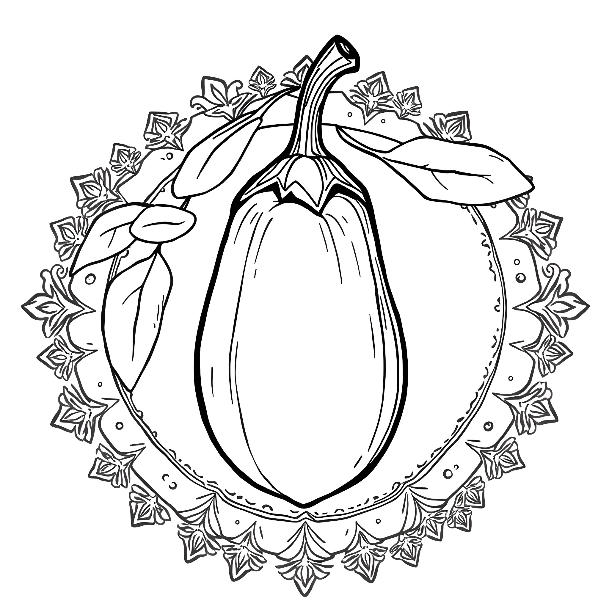 Brinjal plant with decorative floral border Coloring Page (free black-and-white line drawing printable PDF for all, from beginners to advanced learners, including children, teens, adults, and seniors)