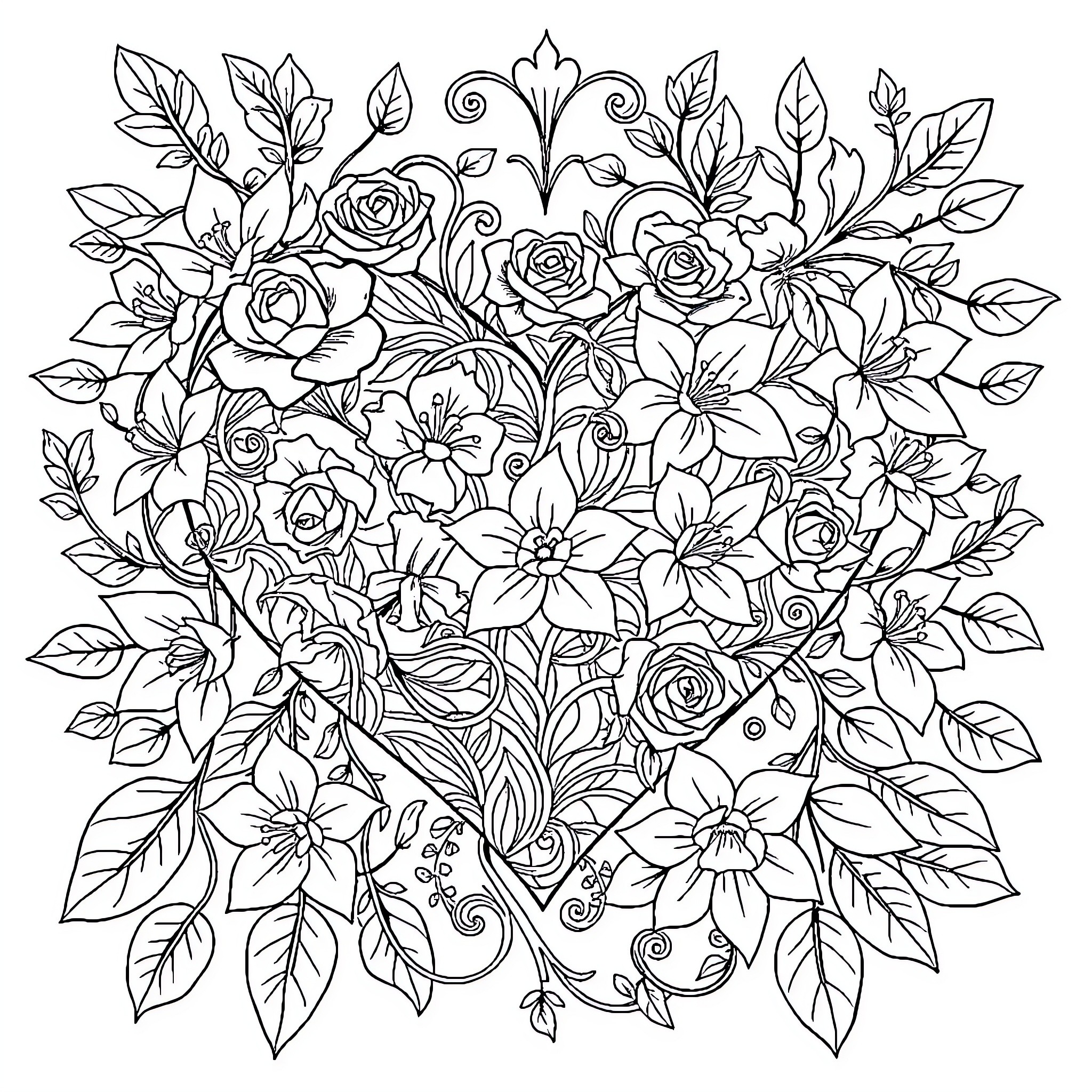 Heart Filled with Floral Abundance Coloring Page (free black-and-white line drawing printable PDF for all, from beginners to advanced learners, including children, teens, adults, and seniors)