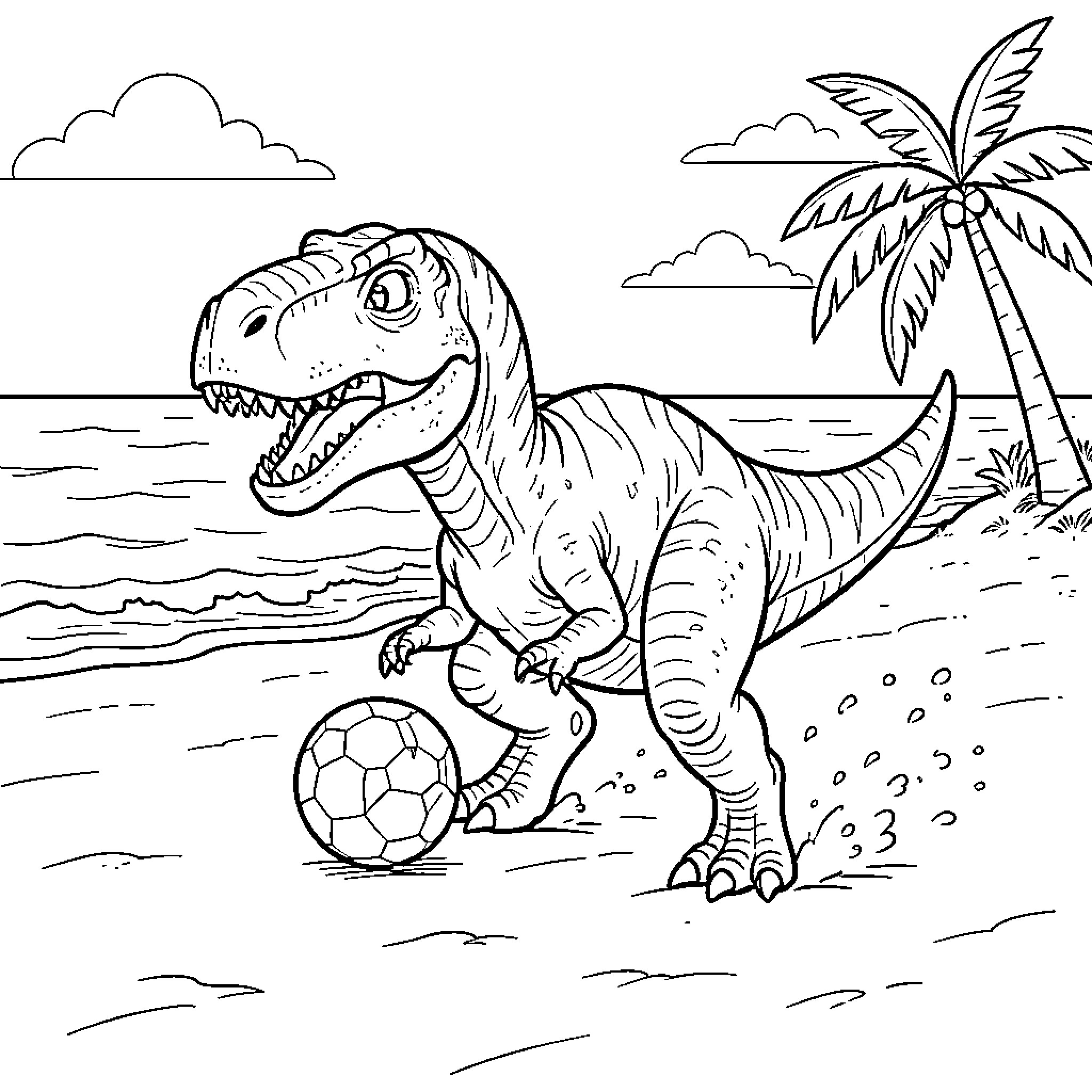 Dinosaur playing with a soccer ball on the beach Coloring Page (free black-and-white line drawing printable PDF for all, from beginners to advanced learners, including children, teens, adults, and seniors)