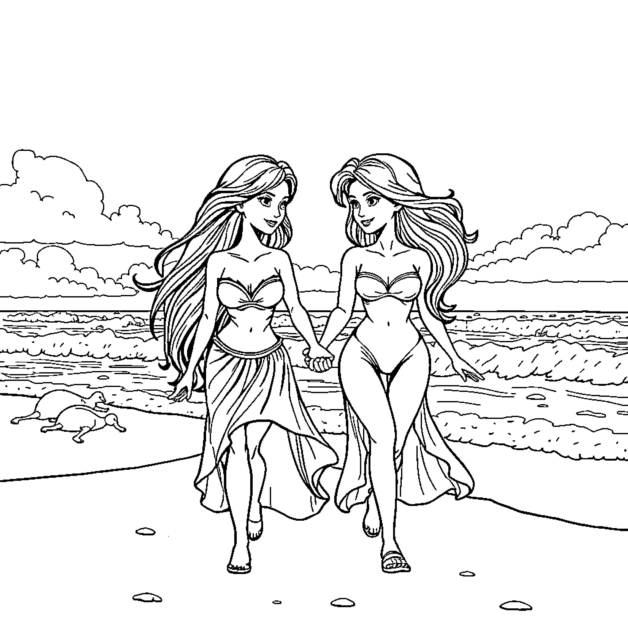 Beauty And The Beast: Enchanting Beach Stroll Coloring Page (free black-and-white line drawing printable PDF for all, from beginners to advanced learners, including children, teens, adults, and seniors)