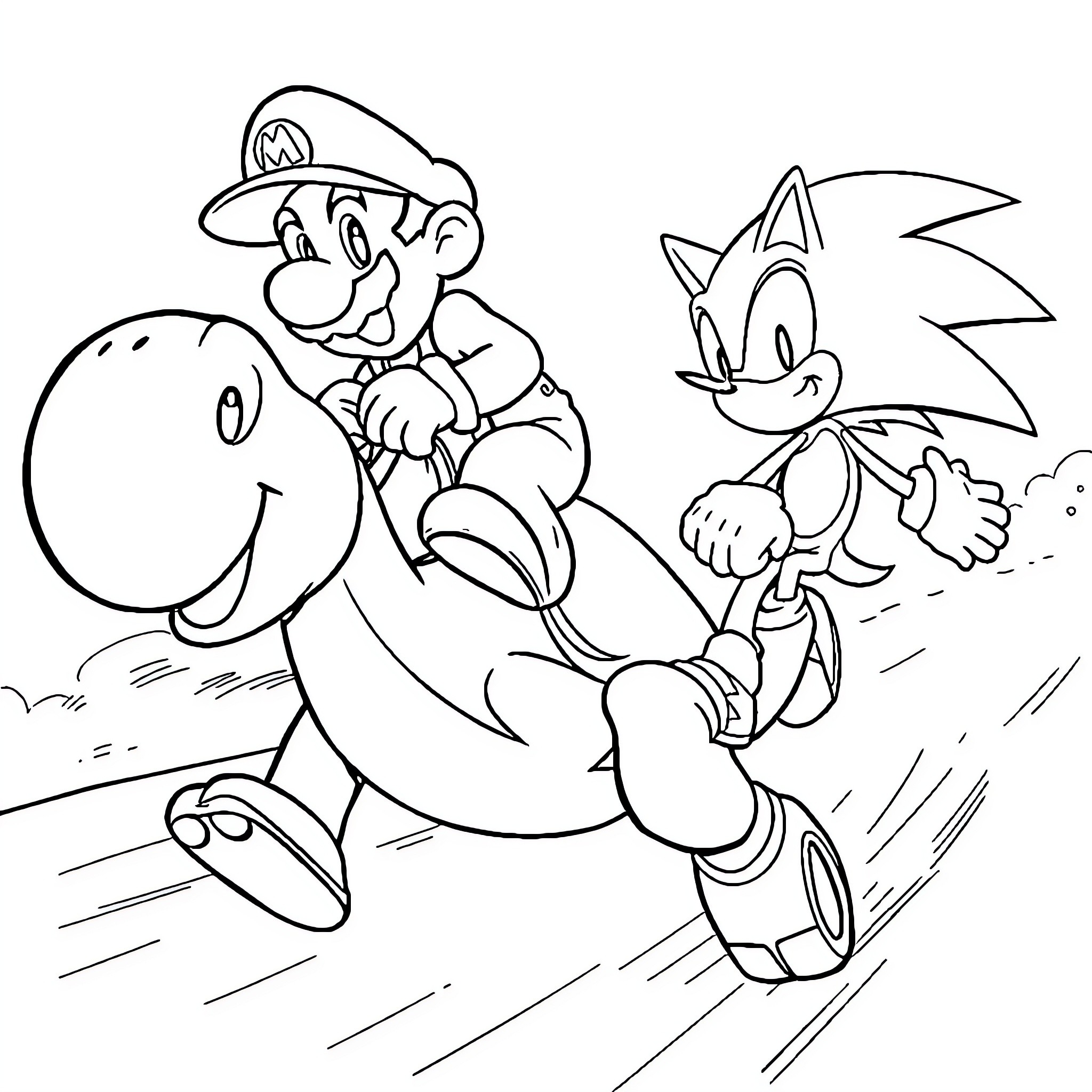 Mario riding a dinosaur with Sonic the Hedgehog Coloring Page (free black-and-white line drawing printable PDF for all, from beginners to advanced learners, including children, teens, adults, and seniors)