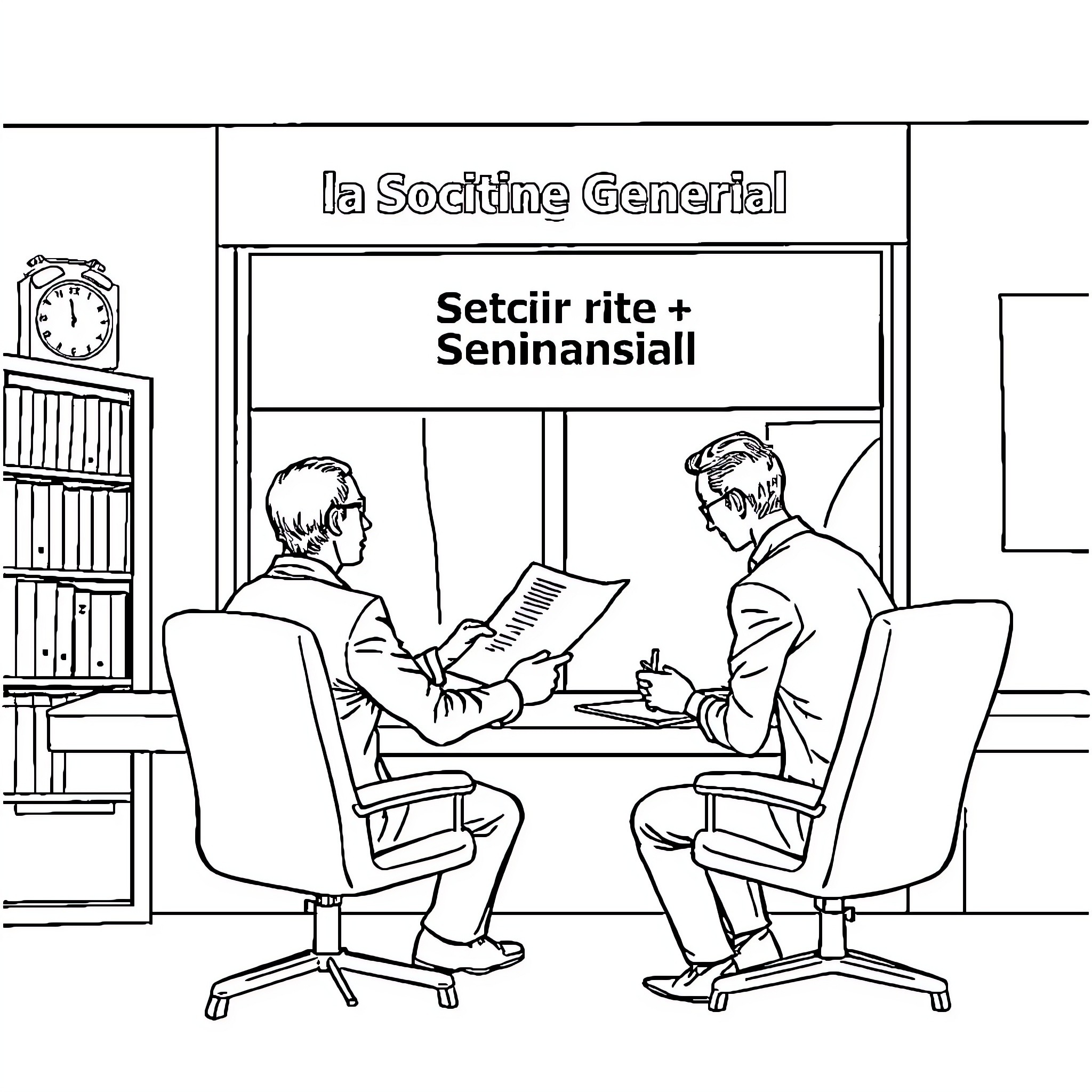 Banquier discussing business matters in the office Coloring Page (free black-and-white line drawing printable PDF for all, from beginners to advanced learners, including children, teens, adults, and seniors)